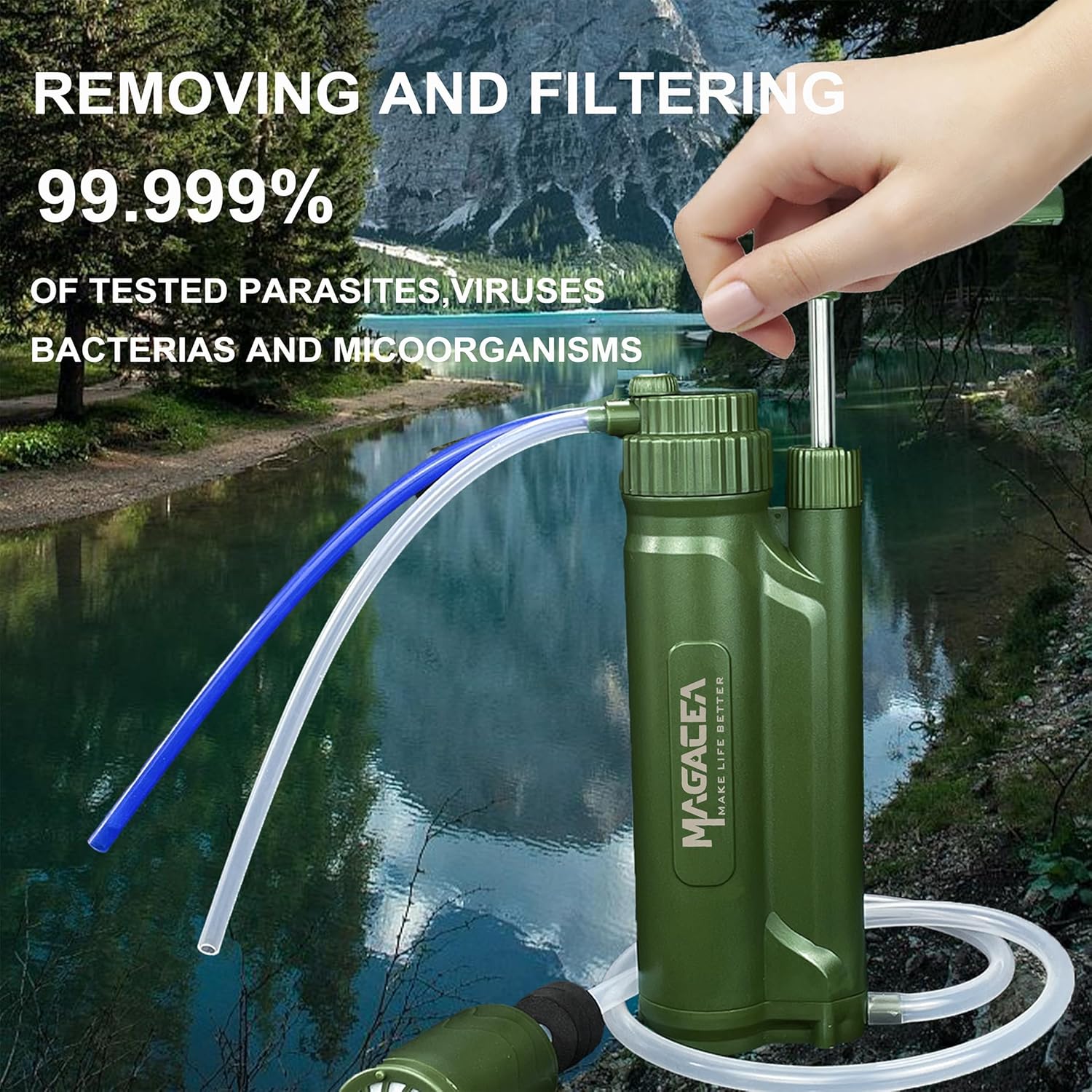 Filtro de agua portátil, purificación de agua con bomba de supervivencia, con membrana RO (0.0001 micrones), elimina el 99.999% de los