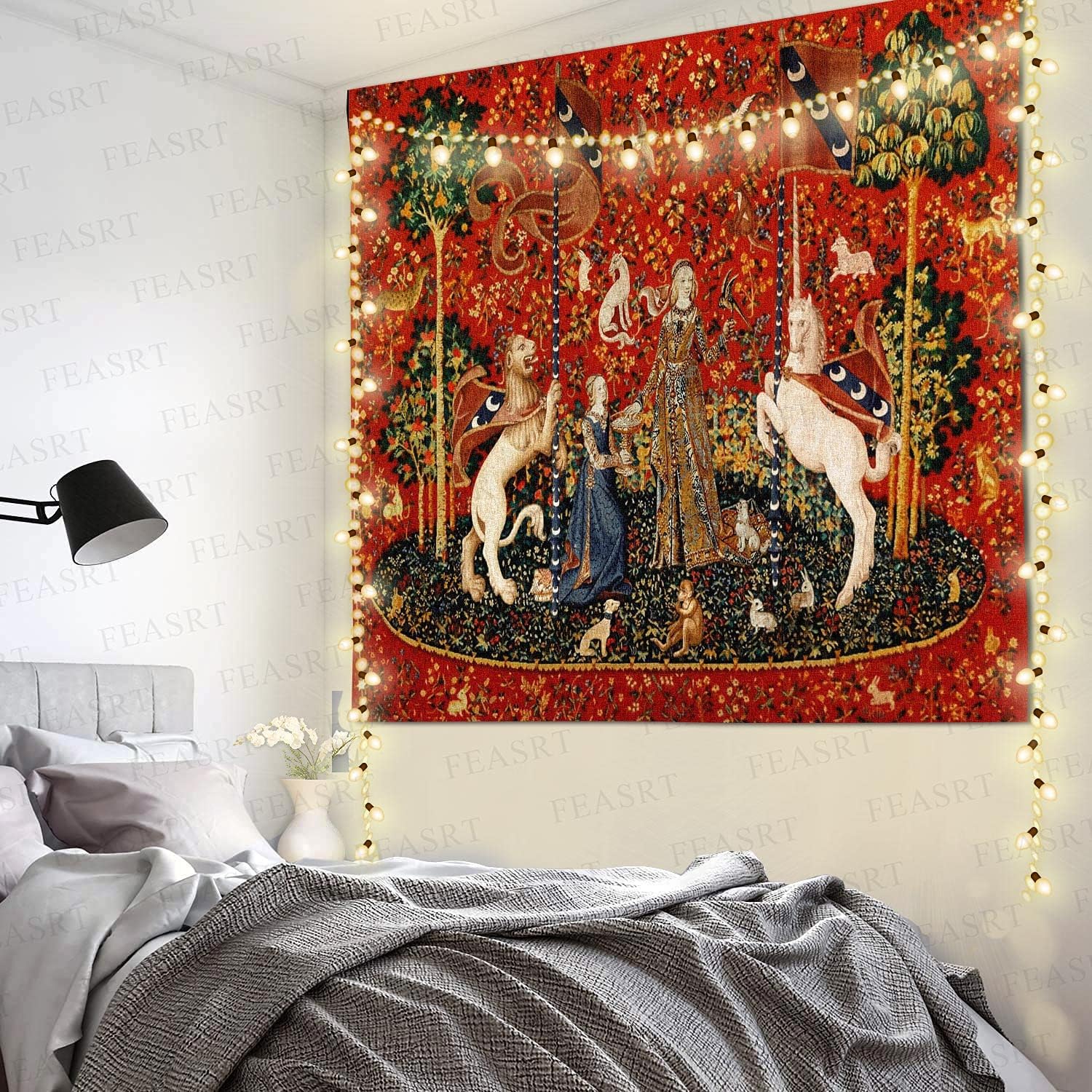 FEASRT Tapiz medieval de princesa de doncella y unicornio, tapiz real europeo, 60 x 51 pulgadas, franela suave, para sala de estar, decoración de