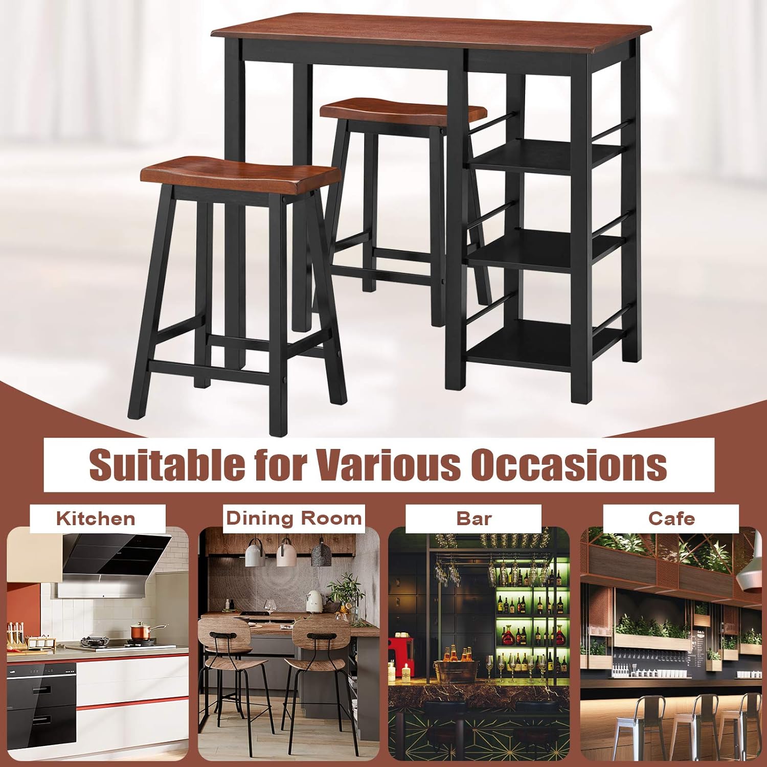 Giantex Juego de comedor de 3 piezas, juego de mesa completamente de madera con 2 sillas y estantes de almacenamiento de 3 niveles, juego de mesa de