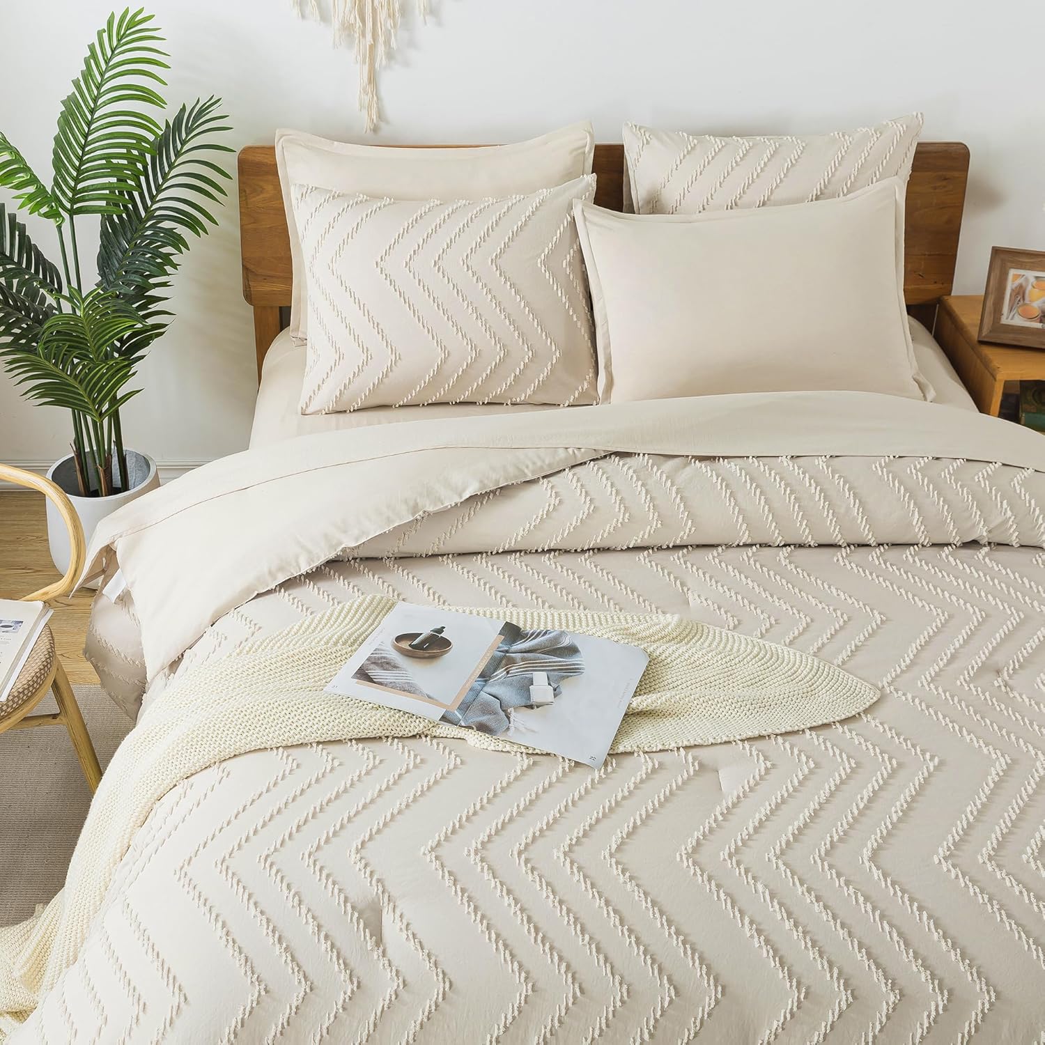 Litanika Juego de edredón beige tamaño King con sábanas, 7 piezas, ropa de cama en una bolsa, juego completo de ropa de cama con edredón, sábanas,