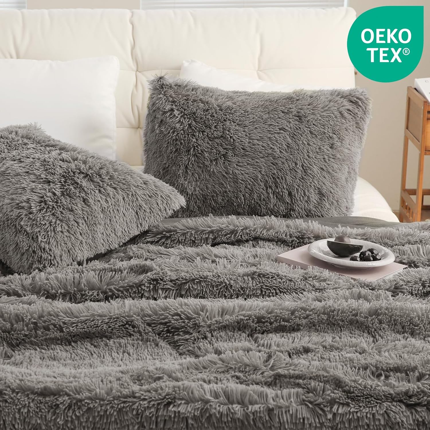 Juego de edredón peludo, tamaño Queen, juego de ropa de cama de pelo sintético esponjoso, juego de ropa de cama de 3 piezas (1 edredón peludo + 2