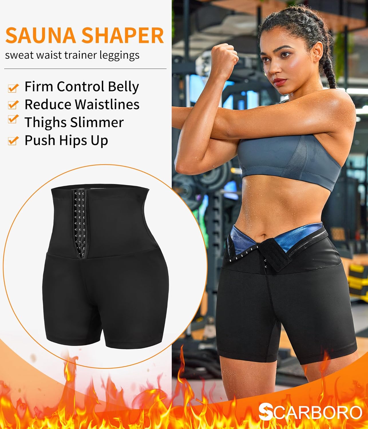 SCARBORO Pantalones cortos de sauna para mujer, cintura alta, entrenamiento, compresión, adelgazamiento, entrenamiento, sauna, traje moldeador