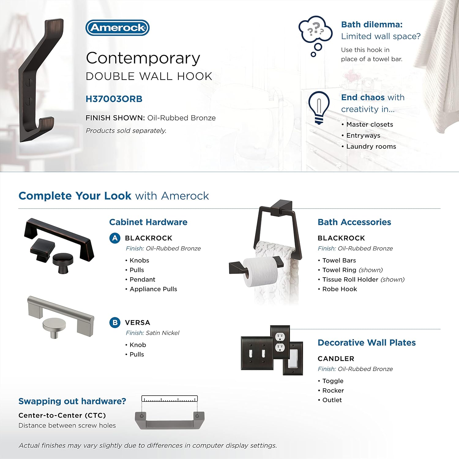 Amerock H37003ORB – Gancho decorativo de pared Emerge de doble punta, gancho de bronce aceitado para abrigos, sombreros, mochilas, bolsos, ganchos