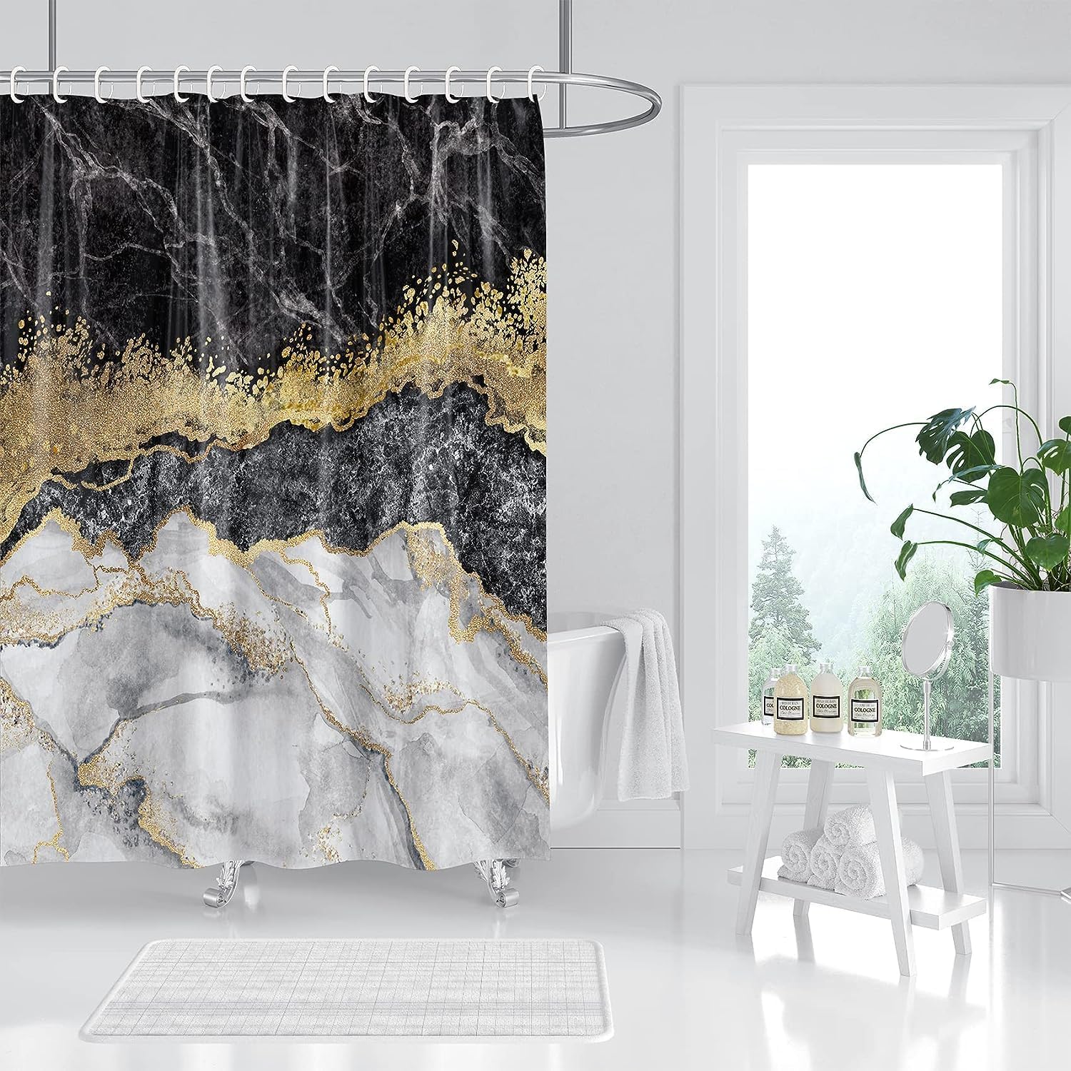 Cortina de ducha de mármol, juego de cortina de ducha de mármol negro, abstracto, lujoso, negro, gris, dorado, con textura de venas para baño, tela
