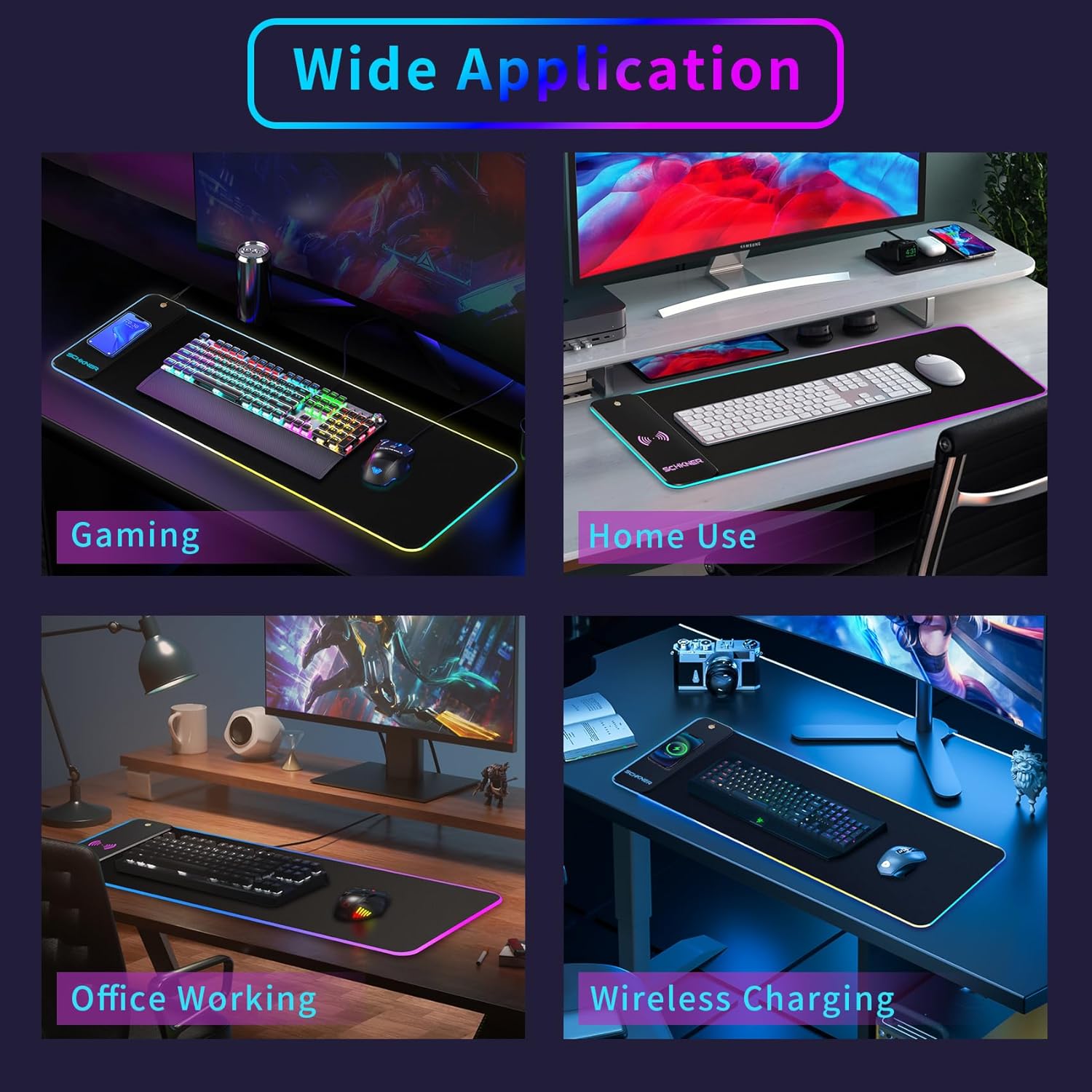 Schkner Alfombrilla de mouse RGB para juegos con carga inalámbrica, alfombrilla de mouse grande con luz LED, almohadilla de teclado con base de goma
