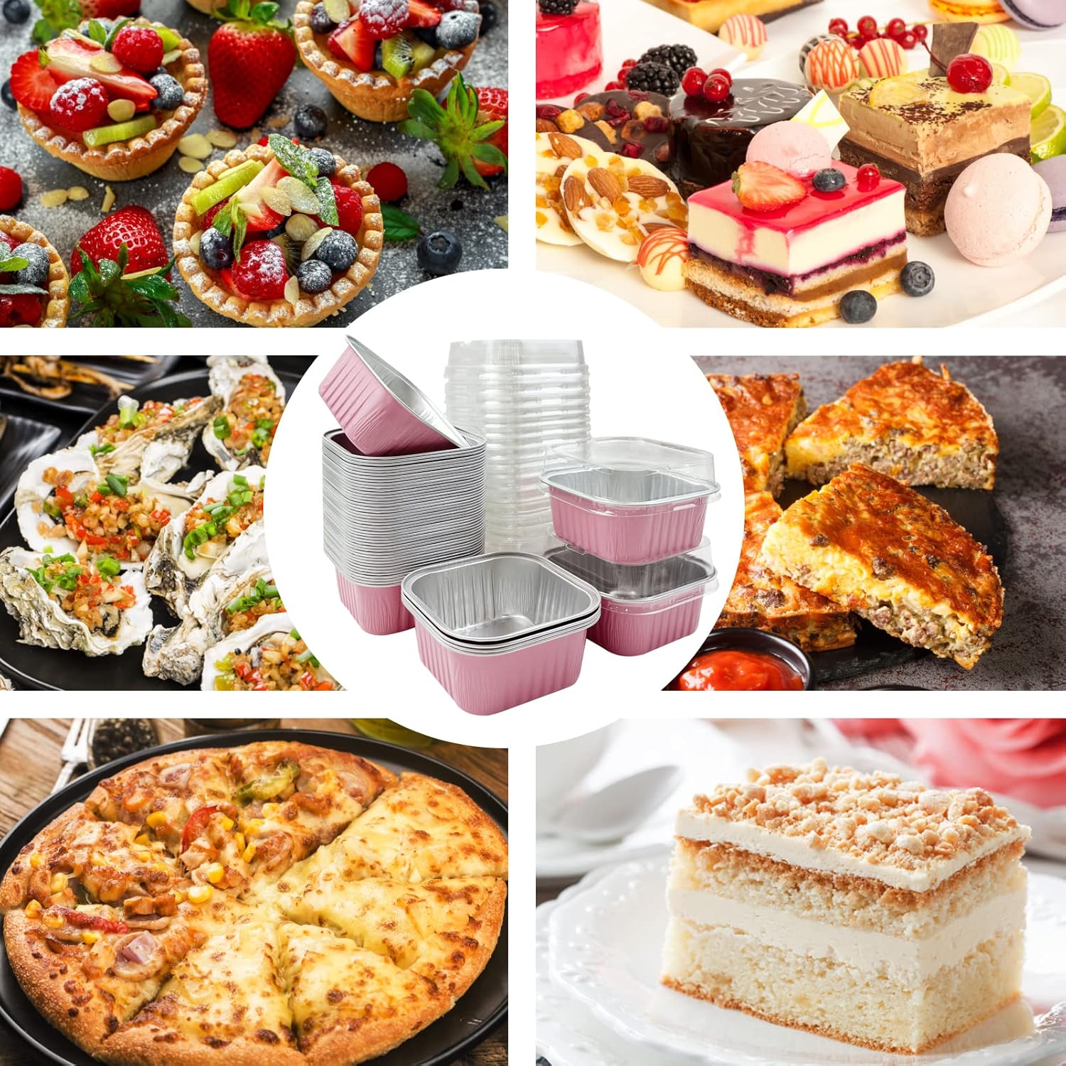 50 tazas cuadradas de papel de aluminio para hornear con tapas, moldes desechables de 5 onzas para tartas, recipientes para hornear cupcakes para