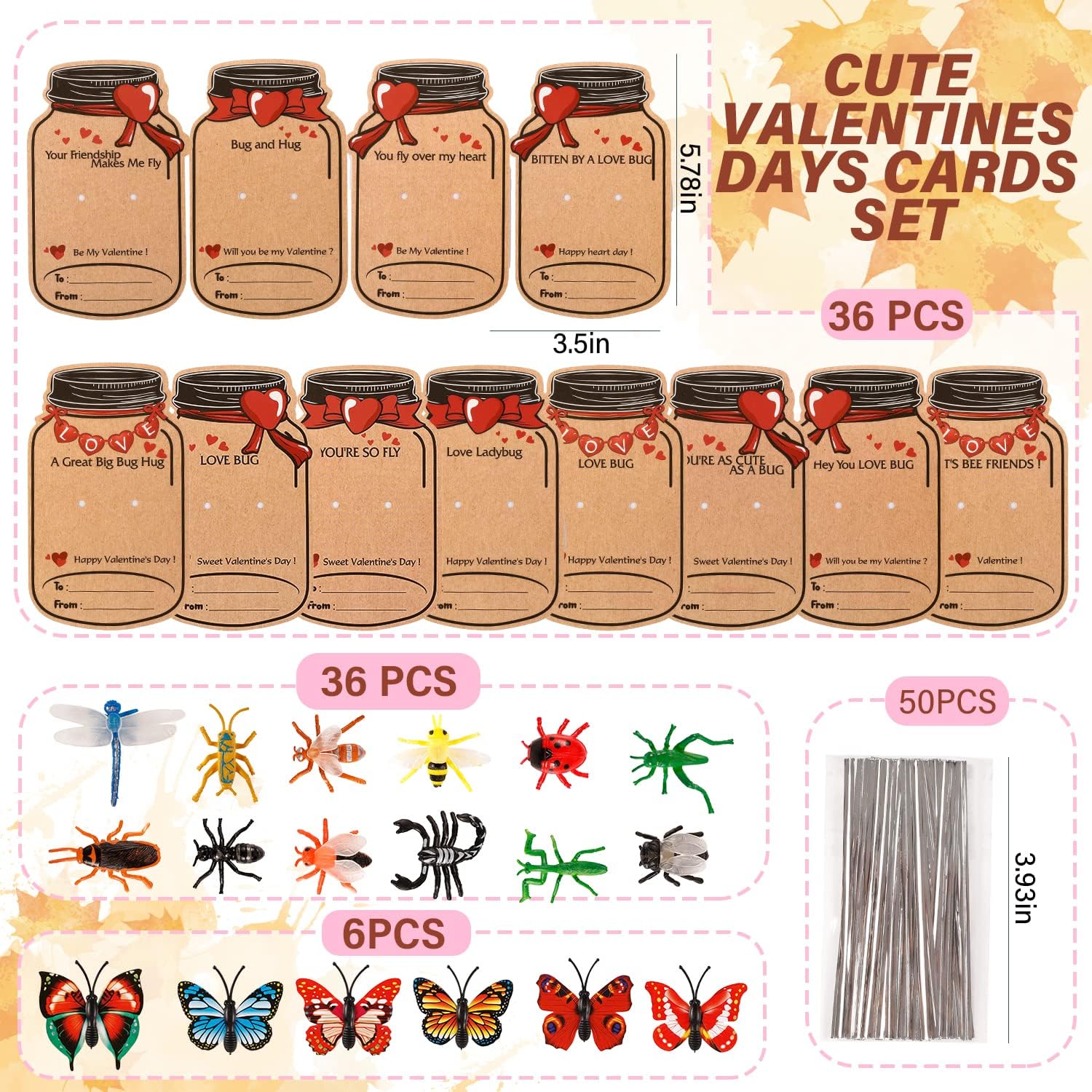 Tarjetas del día de San Valentín para niños, paquete de 36 regalos para el día de San Valentín para niños y 12 insectos de juguete diferentes,