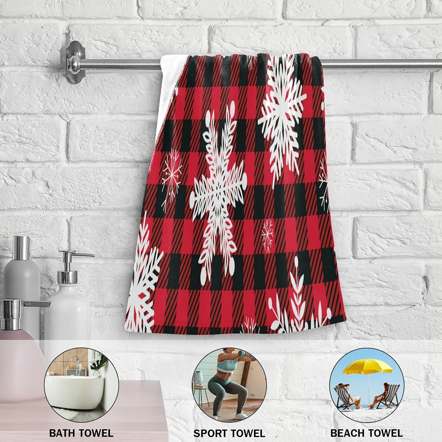 ALAZA Juego de 2 toallas de mano de copos de nieve de Navidad, suaves, absorbentes, decorativas, color rojo y negro, a cuadros, para baño, gimnasio,