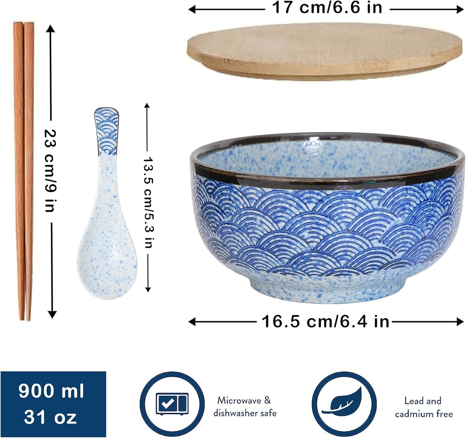Juego de tazones de cerámica japoneses para ramen, cuencos de sopa grandes de 31 onzas con palillos y cuchara para Pho Udon Soba asiática (patrón