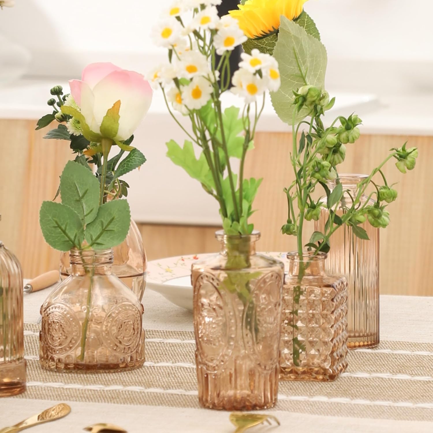 Juego de 20 jarrones de cristal, jarrones pequeños a granel para flores, jarrones de vidrio ámbar para centros de mesa, mini jarrones de brote a