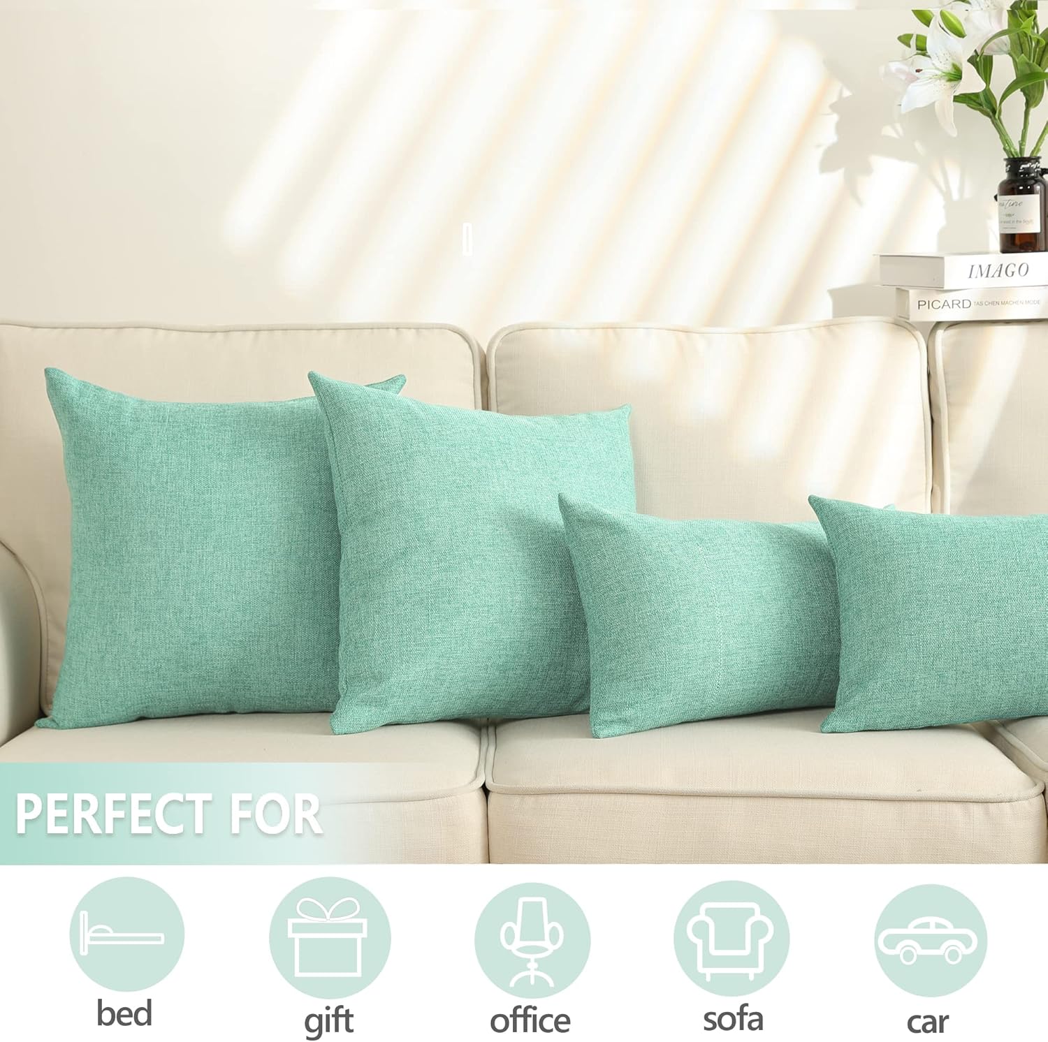 Stellhome Juego de 2 fundas de almohada de arpillera de lino sólido para cama, sofá, banco, 24 x 24 pulgadas (23.6 x 23.6 in), color verde