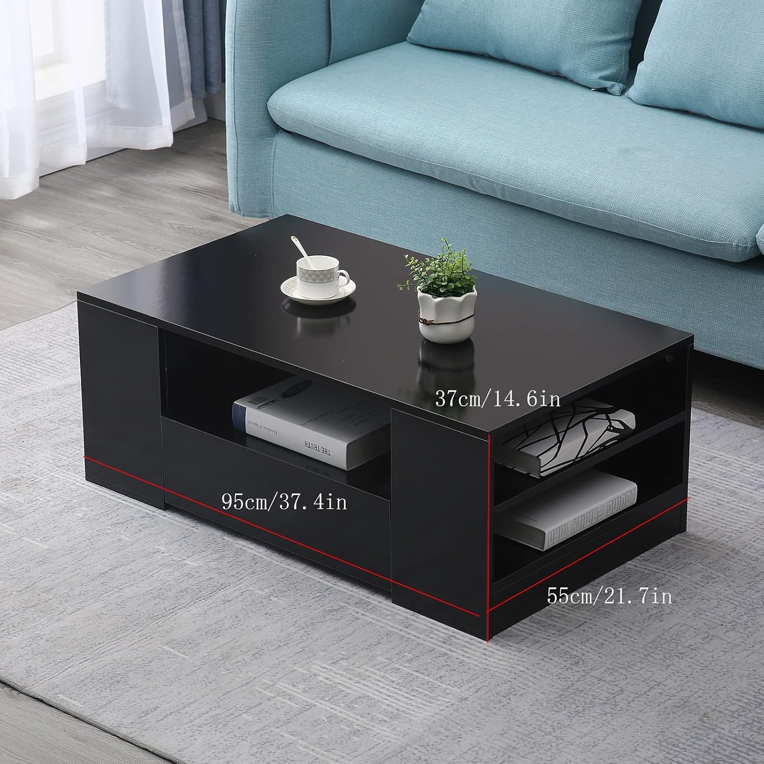 Fichiouy Moderna mesa auxiliar de 37 pulgadas con cajón, mesa rectangular con luz LED para sala de estar, blanconegro (mesa auxiliar negra de alto