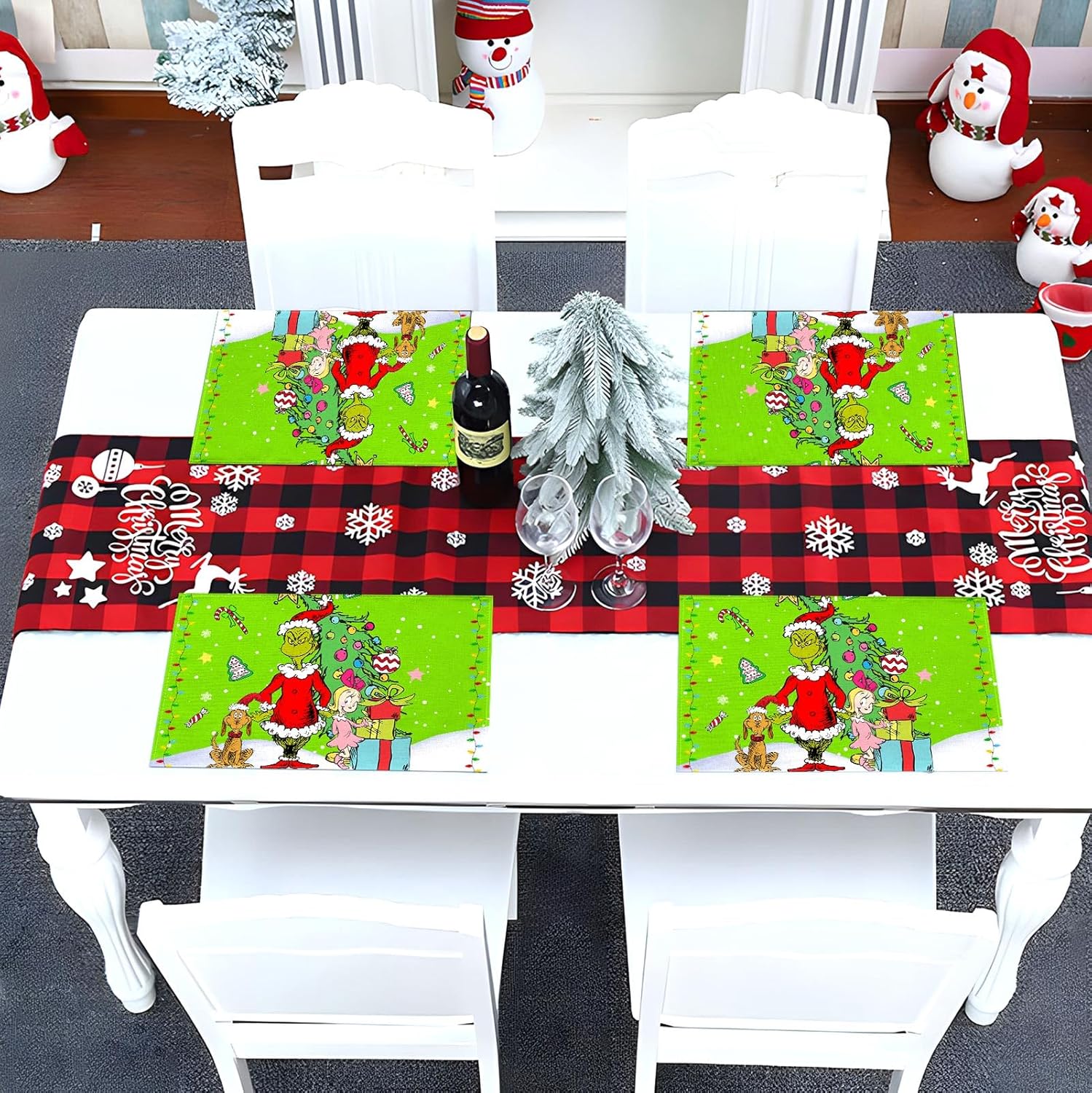 Nepnuser Juego de 4 manteles individuales con texto en inglés Merry Christmas de Whoville Grinchmas, Navidad, invierno, vacaciones, fiestas