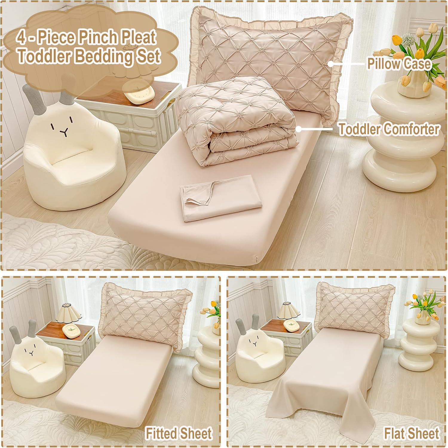 Juego de ropa de cama para niñas pequeñas de 4 piezas, color beige, plisado, con volantes, flecos, juego de sábanas para cuna, juego de sábanas para
