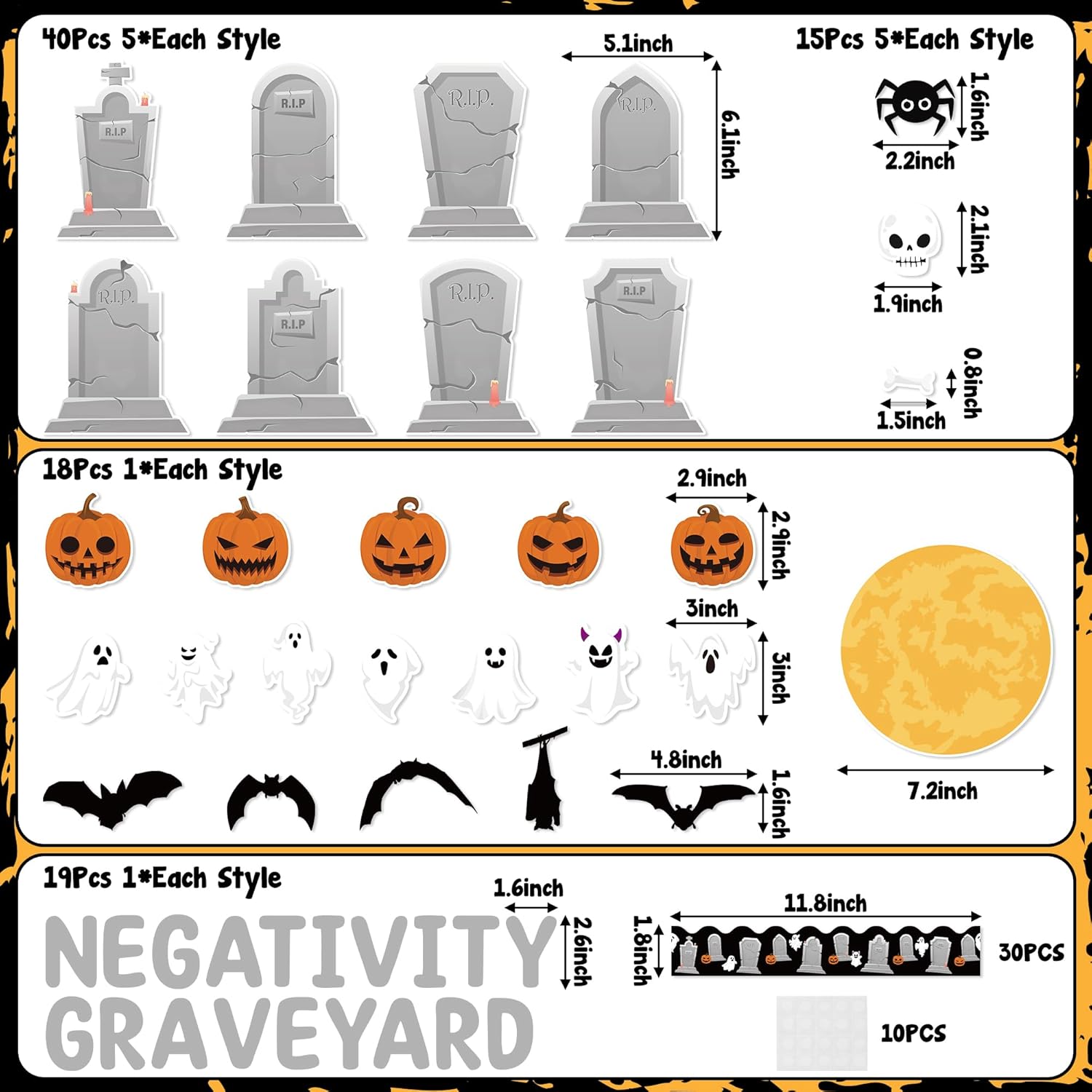 CPicdn Juego de 132 piezas de decoración de tablón de anuncios de negatividad de Halloween, fantasma, calabaza, araña, murciélago, lápidas, borde,