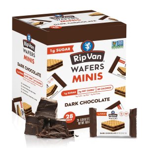 Rip Van – Mini galletas de oblea de chocolate oscuro, bocadillo saludable bajo en azúcar, 28 unidades Rip Van – Mini galletas de oblea de chocolate oscuro, bocadillo saludable bajo en azúcar, 28 unidades