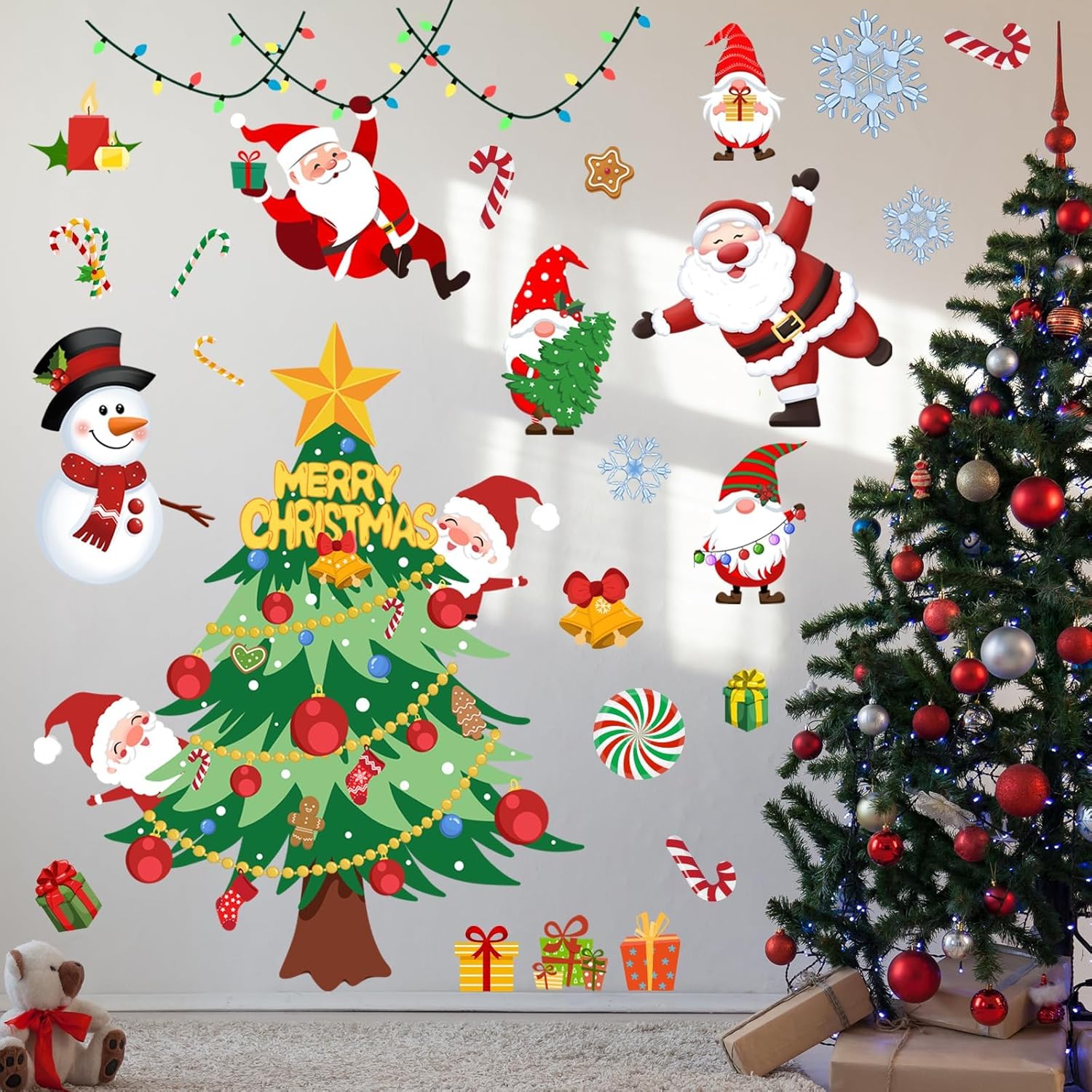 Calcomanía de pared de árbol de Navidad de 41.33 x 41.33 pulgadas, calcomanías de pared de Papá Noel de Navidad, muñecos de nieve, decoración de