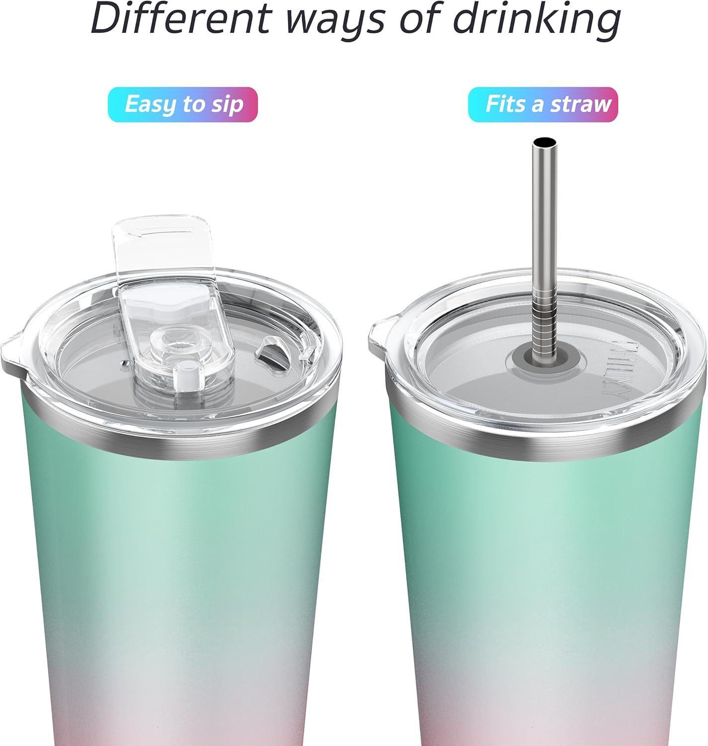 THILY Vaso de viaje de acero inoxidable aislado al vacío, taza de café de 26 onzas con 2 tapas y popotes, a prueba de salpicaduras, mantiene las