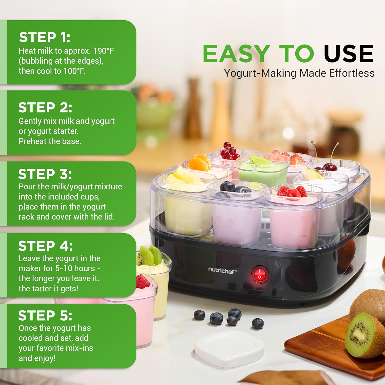 Nutrichef Máquina automática de yogur de 9 tazas  Incluye 9 vasos reutilizables de 5 onzas con tapas y estante de yogur para almacenamiento