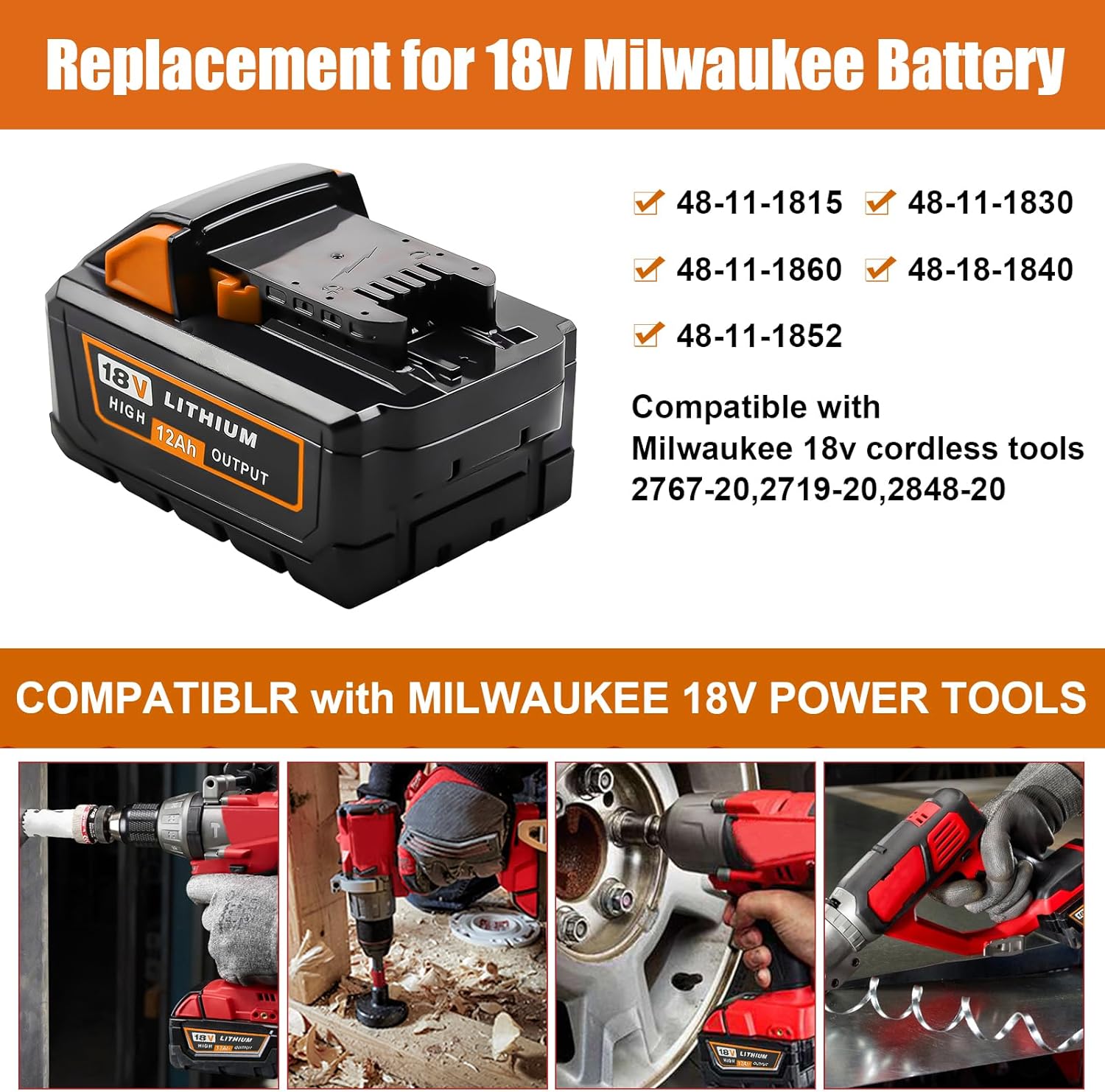 1 paquete de batería de repuesto de 18 V 12.0 Ah y cargador para batería Milwaukee de 18 V compatible con Milwaukee Tools 48-11-1811 48-11-1815