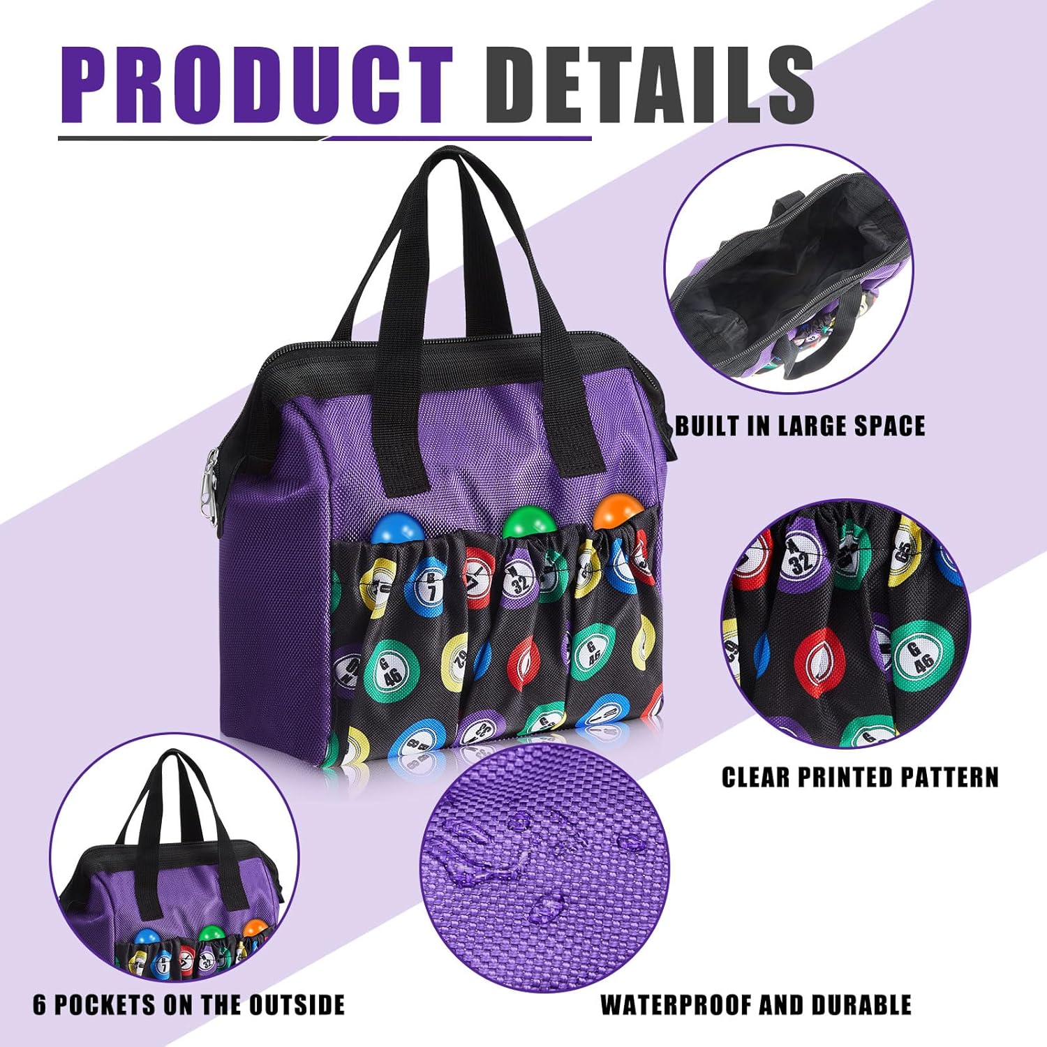 Bolsa de bingo Dauber de 2 piezas, bolsa de bingo con asa y cremallera, con 6 bolsillos externos y 3 bolsillos internos para salir (color morado)