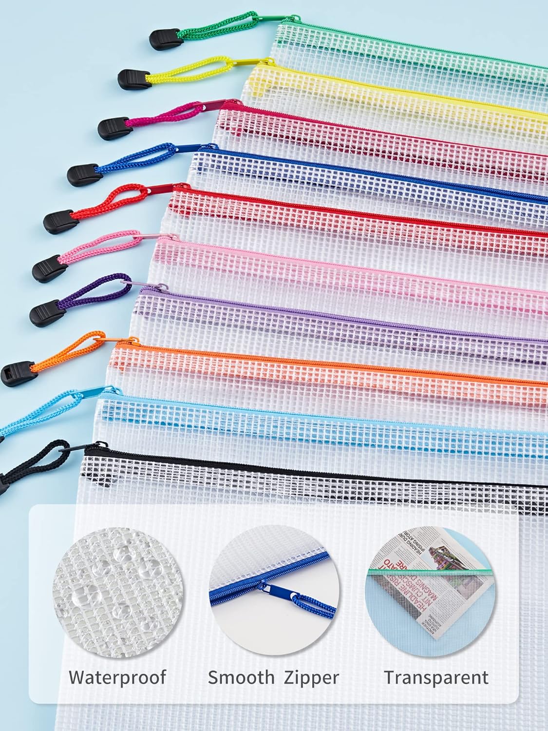 JARLINK Paquete de 30 bolsas de malla con cremallera, 10 colores, bolsas de archivos impermeables, tamaño cartatamaño A4, multiusos para organizar
