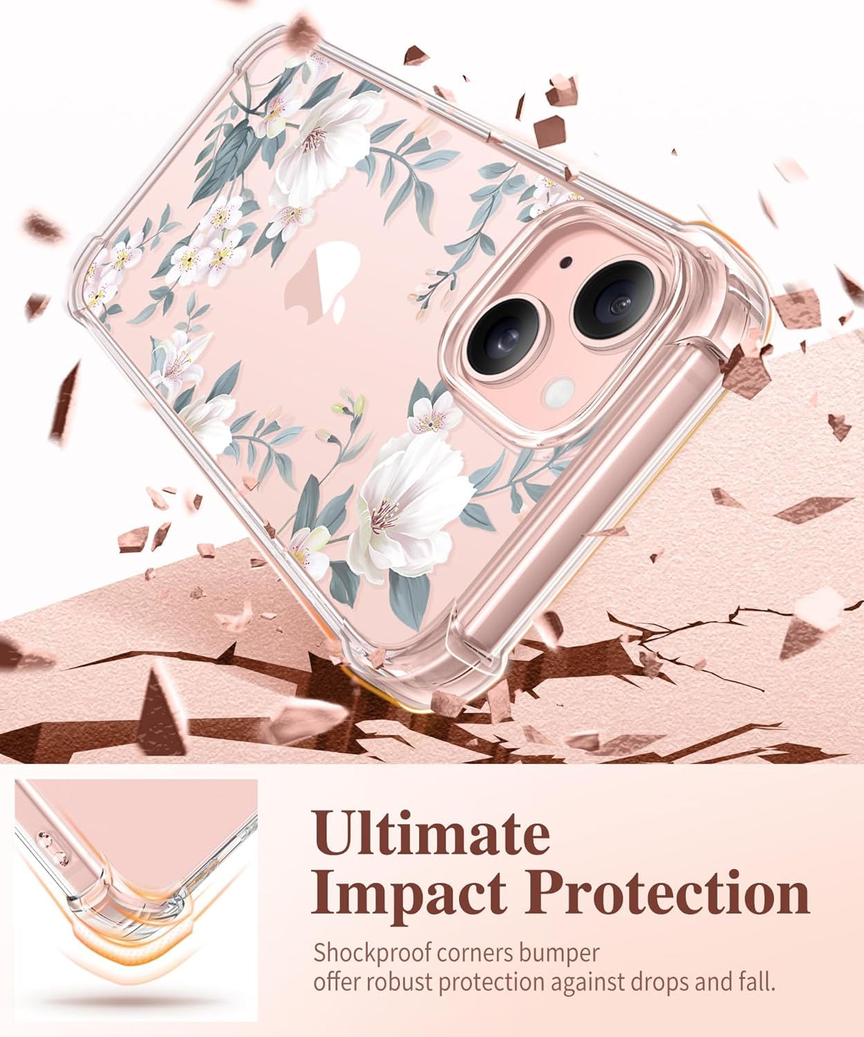 GVIEWIN Funda 3 en 1 diseñada para iPhone 15 Plus de 6.7 pulgadas, con protector de pantalla + protector de cámara con flores transparentes no