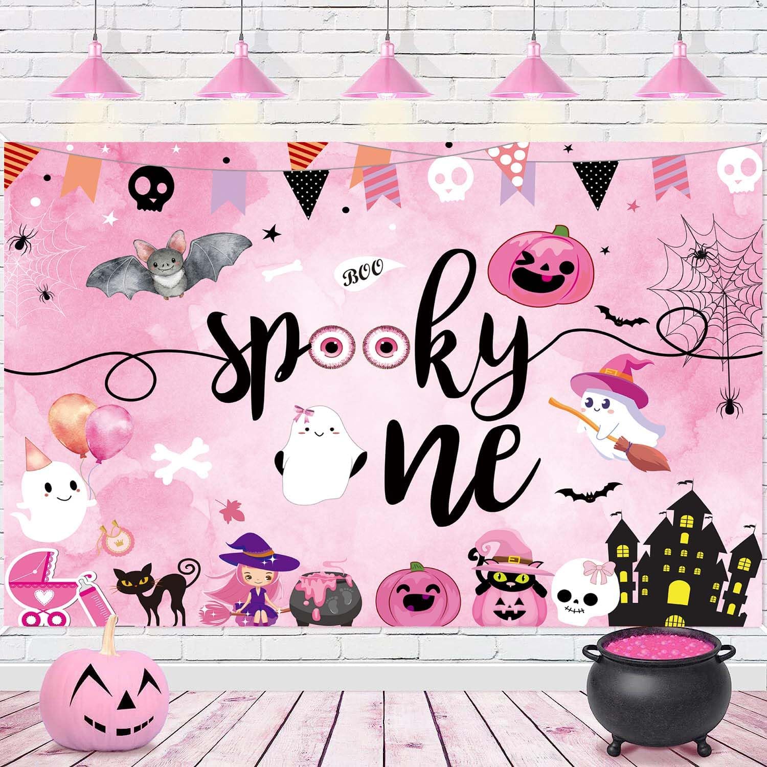 Telón de fondo espeluznante de Halloween para fiesta de primer cumpleaños, rosa, Halloween, calabaza, murciélago, fantasma, cráneo, acuarela, fondo