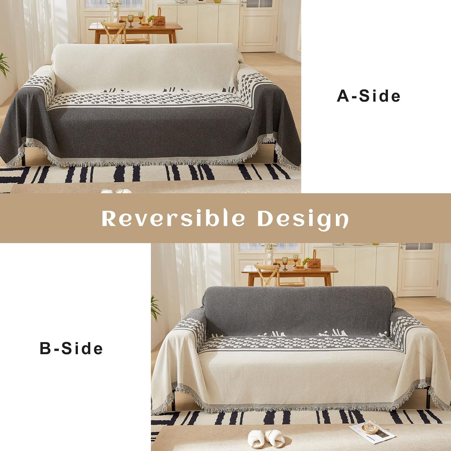 STACYPIK Funda gruesa geométrica bohemia para sofá, protector de muebles, manta suave con borlas, borde a rayas, en forma de L, funda de sofá
