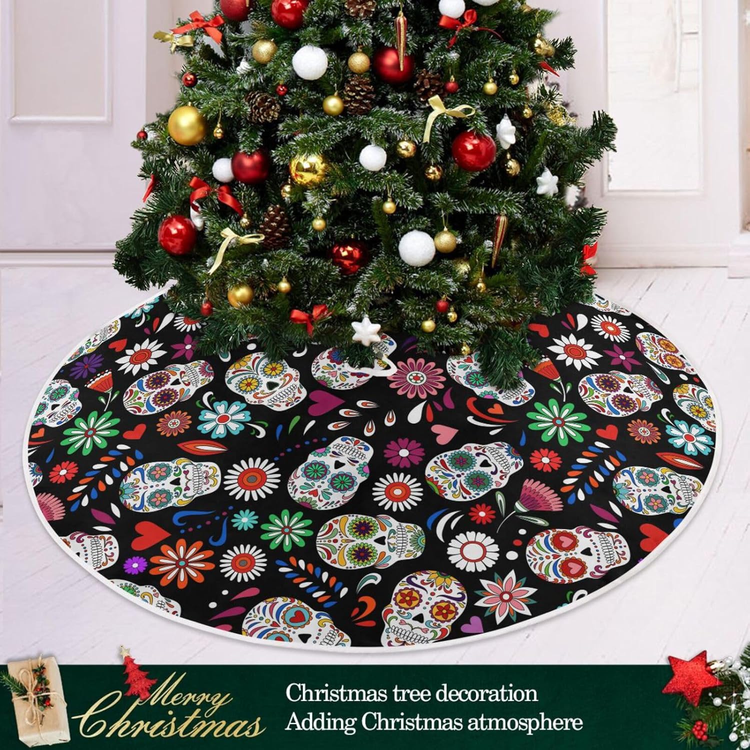 Ollabaky Falda de árbol de Halloween, Día de los Muertos, Halloween, calavera, árbol de Navidad, falda de árbol grande, almohadilla redonda para