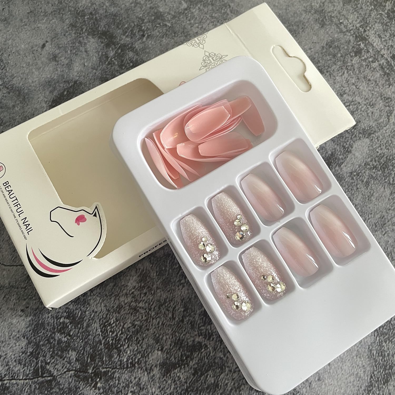 Uñas postizas medianas a presión, uñas postizas acrílicas de ataúd con diseño de brillantina, uñas con pegamento de diamantes de imitación,