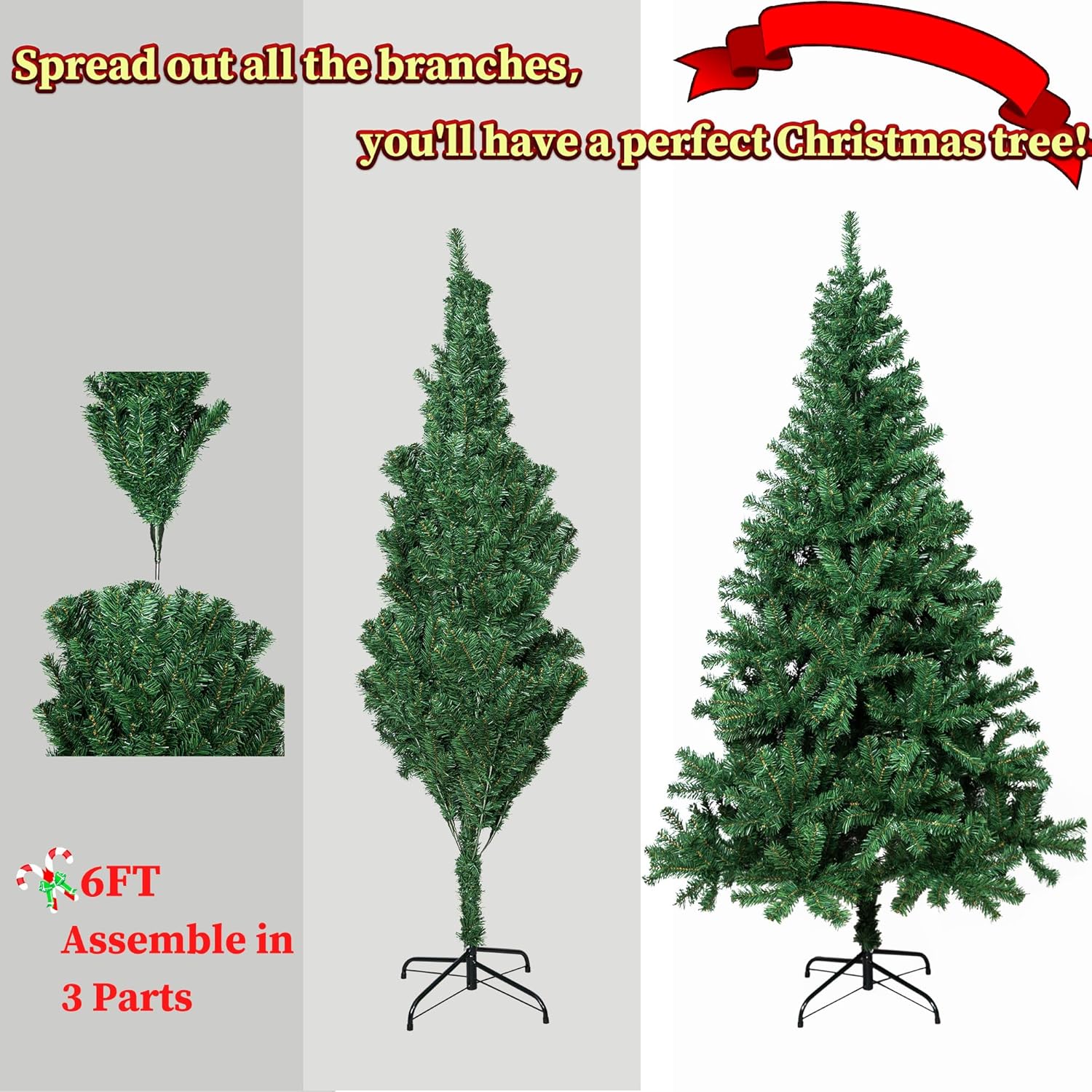 Sunnyglade Árbol de Navidad artificial de alta calidad de 6 pies con 400 luces LED multicolor (no preencordadas) y soporte de metal resistente, 8