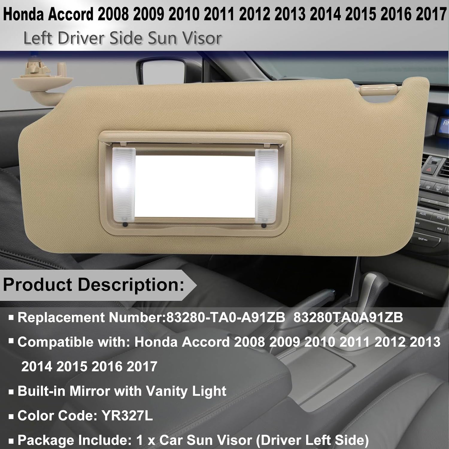 Reemplazo de visera solar del lado izquierdo del conductor compatible con Honda Accord 2008 2009 2010 2011 2012 2013 2014 2015 2016 con luz LED de