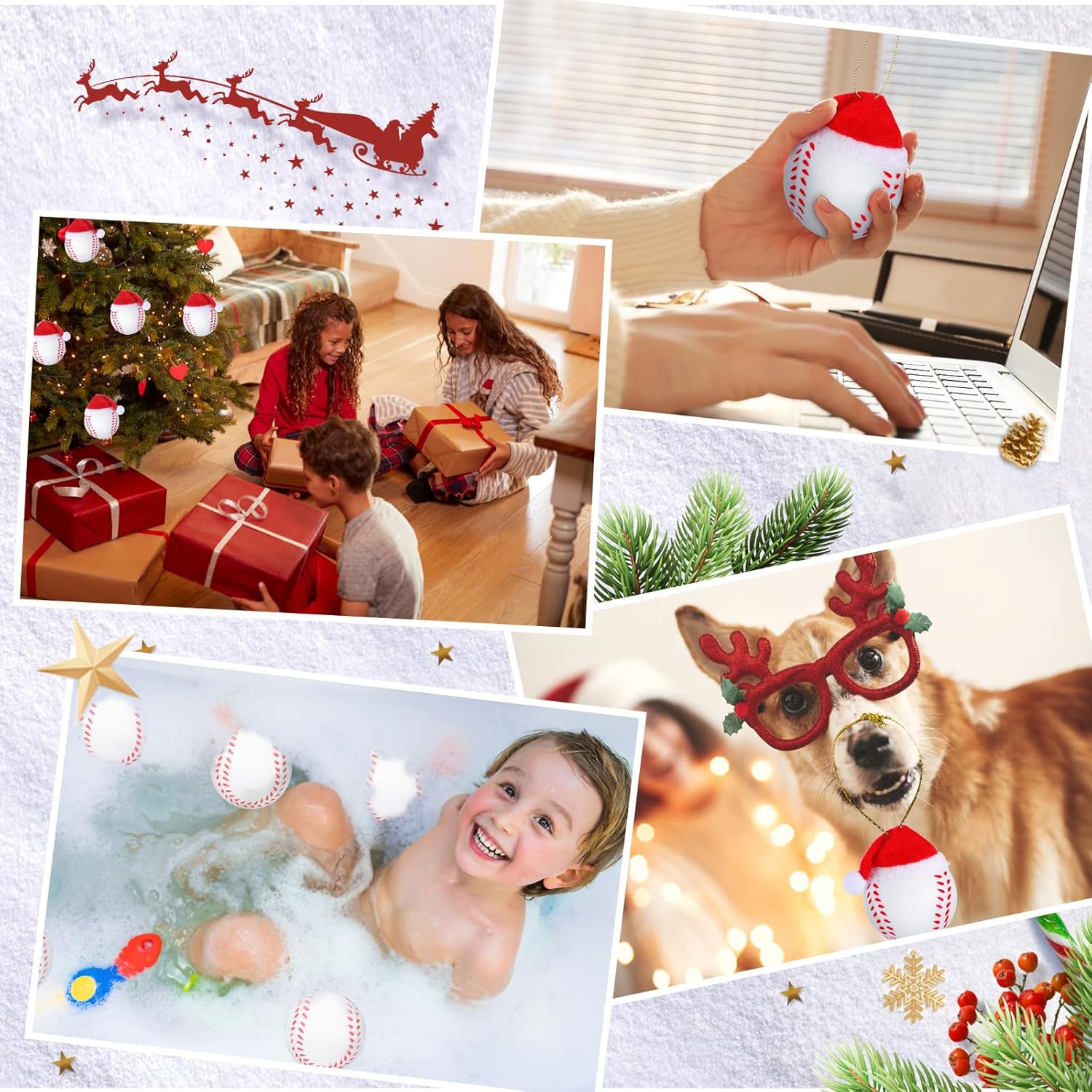 12 bolas deportivas de Navidad con sombrero de Papá Noel extraíble para adornos de árbol de Navidad, regalos de Navidad, decoración del hogar,