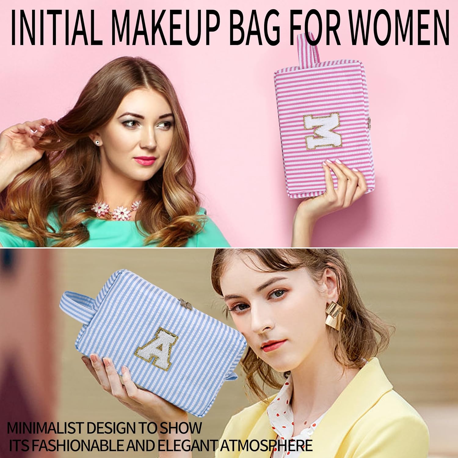 Bolsa de maquillaje con parche de letras, bolsa de viaje para cosméticos, bolsa de preparación con trébol de piedra, con inicial, neceser con