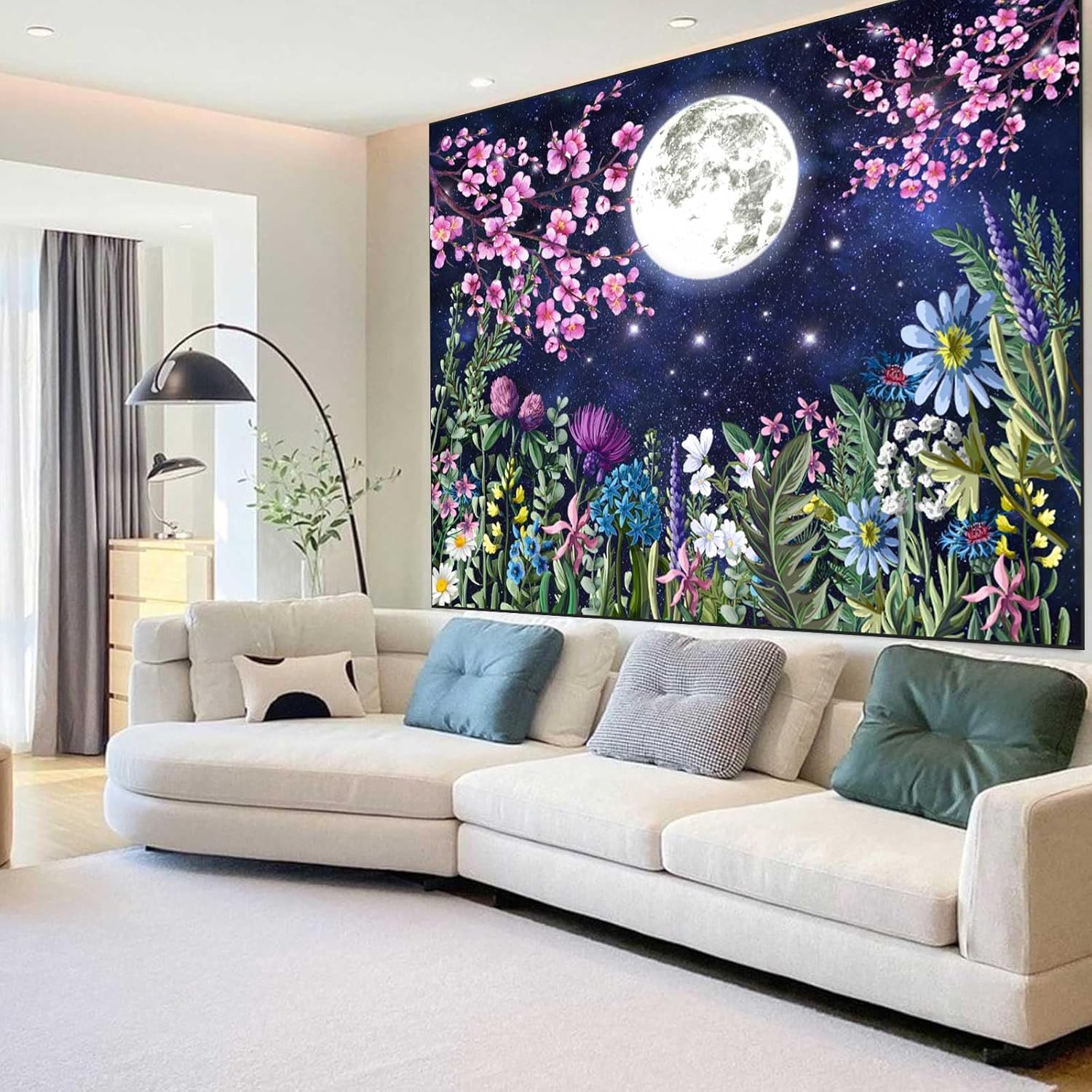 Boziqr Tapiz estético de flores de luna, cielo estrellado, tapiz floral para colgar en la pared para dormitorio, tapiz de paisaje natural,