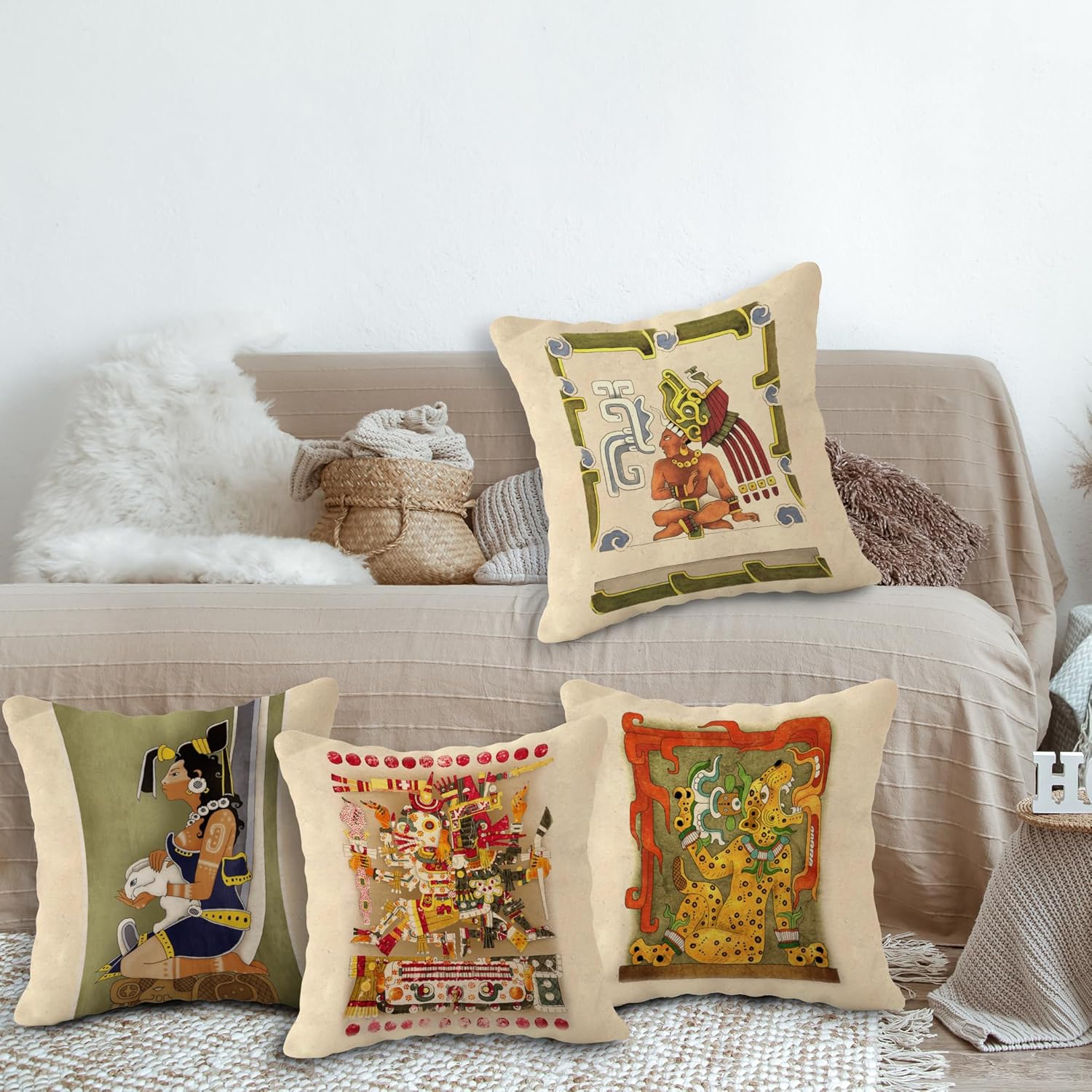 (RB) – Juego de 4 fundas de almohada de 18 x 18 pulgadas, decoración de estilo maya, regalo de amante maya, decoración de estilo azteca maya,