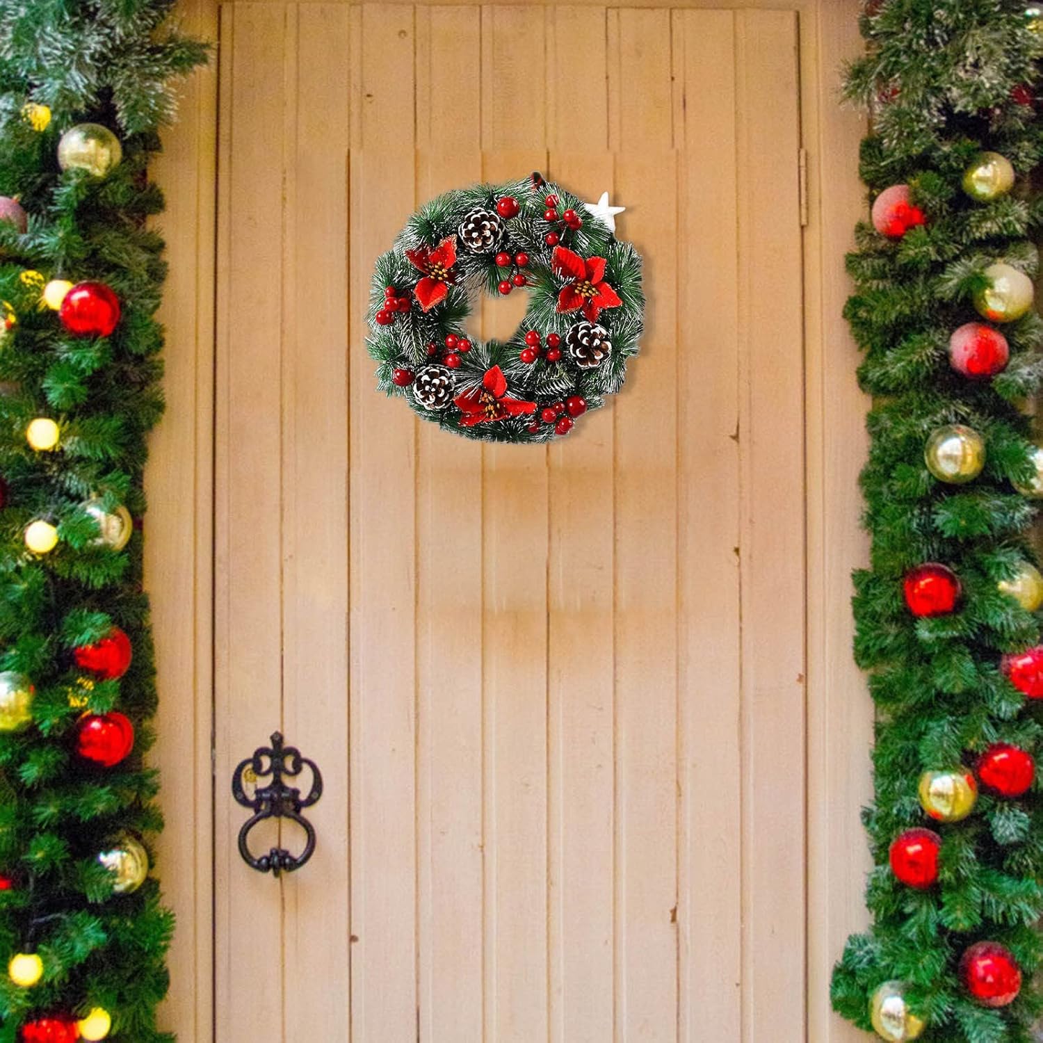 Corona de Navidad de 12.6 pulgadas para puerta delantera, flor de pascua roja, bayas y piñones, coronas de Navidad artificiales para exteriores,