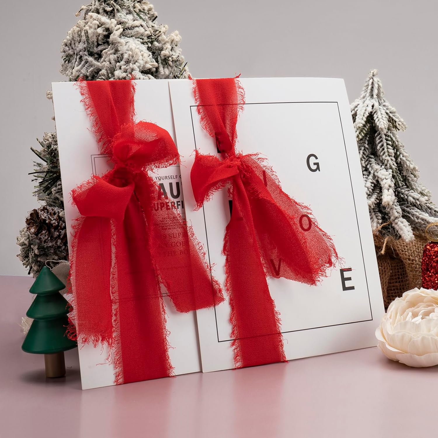 Cinta de gasa, 3 rollos de cinta de gasa roja hecha a mano con flecos de seda de 1.5 pulgadas x 7 yardas, juego de cintas para invitaciones de boda,