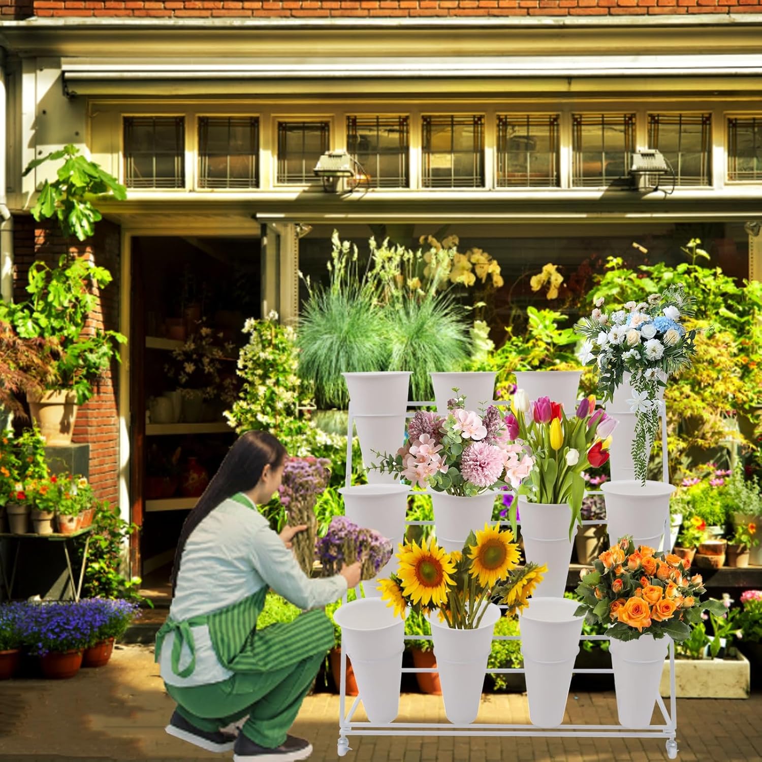 Soporte de exhibición de flores con ruedas, soporte para plantas de hierro para interiores y exteriores, 3 capas de 12 barriles, soporte de