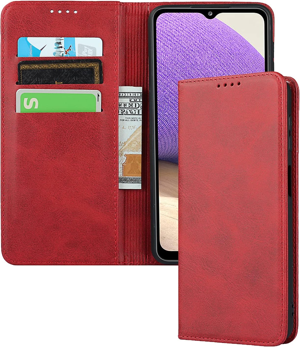 Zouzt Funda tipo cartera de piel sintética de alta calidad compatible con Samsung Galaxy A32 0.18 oz, con cierre magnético, función atril, ranuras