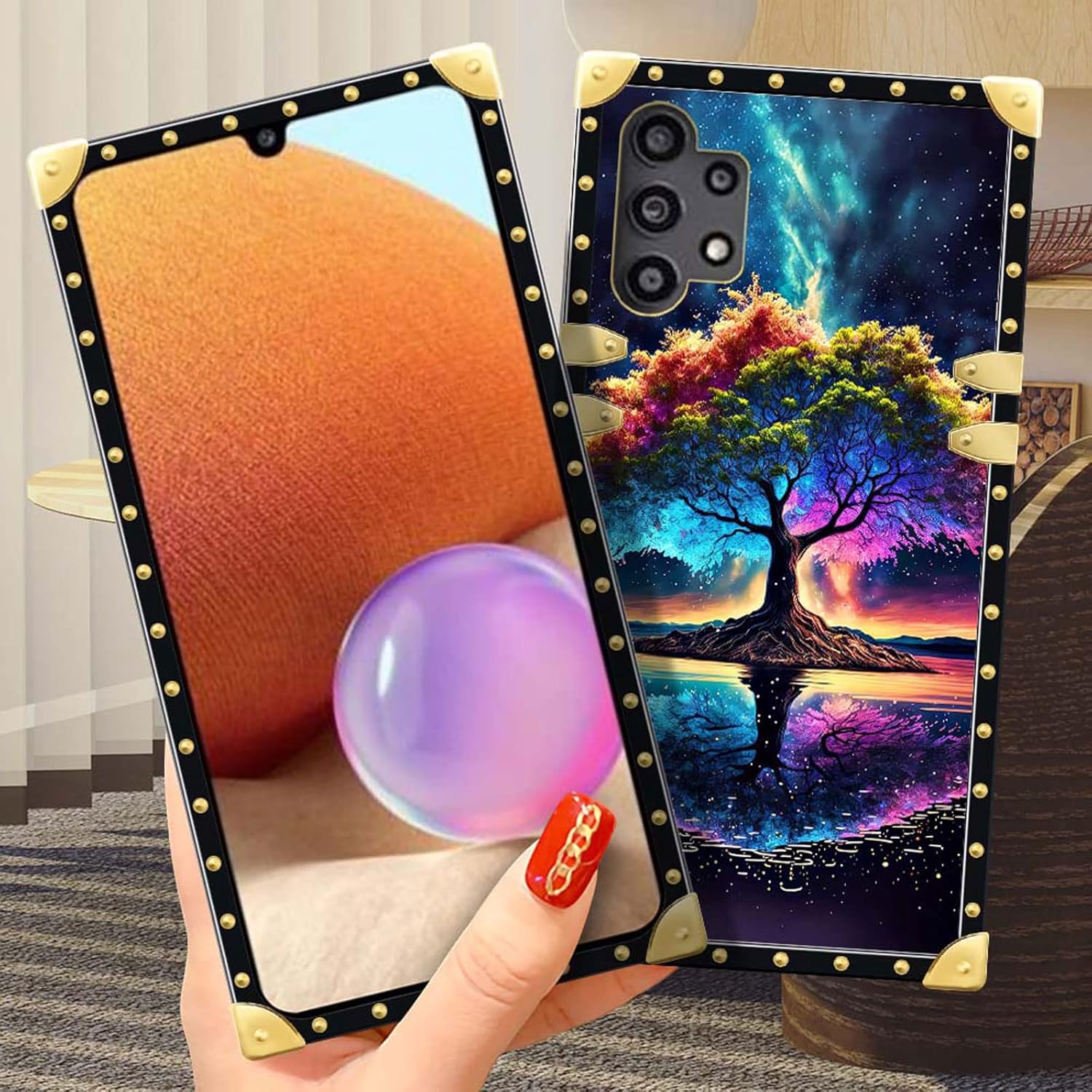 DAIZAG Funda de teléfono para Samsung Galaxy A32 4G Life Tree Energy Funda de teléfono cuadrado dorado suave TPU a prueba de golpes funda protectora
