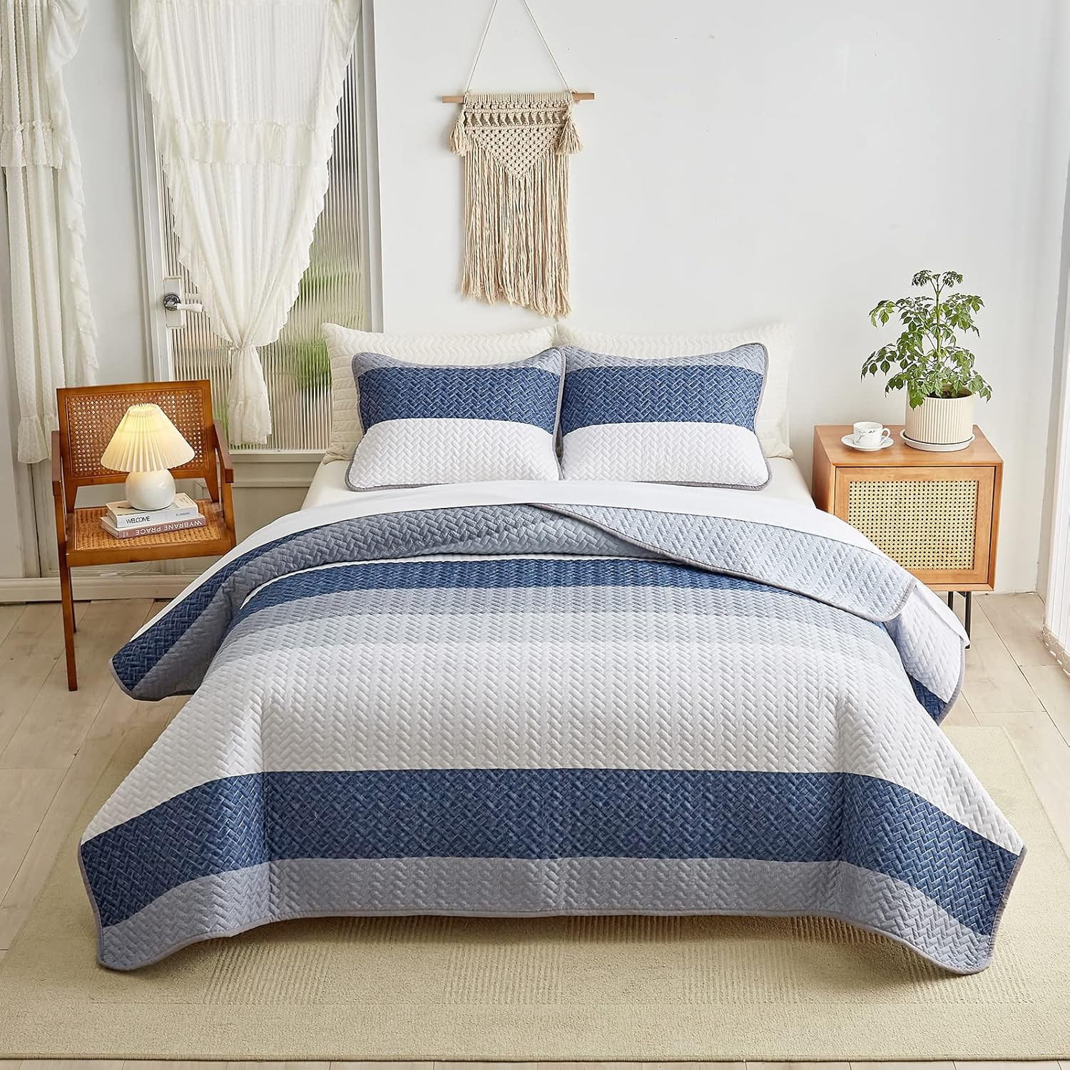 Juego de edredón de algodón a rayas tamaño King con rayas azul marino, blanco, azul, gris, algodón suave, reversible, juego de ropa de cama de 3