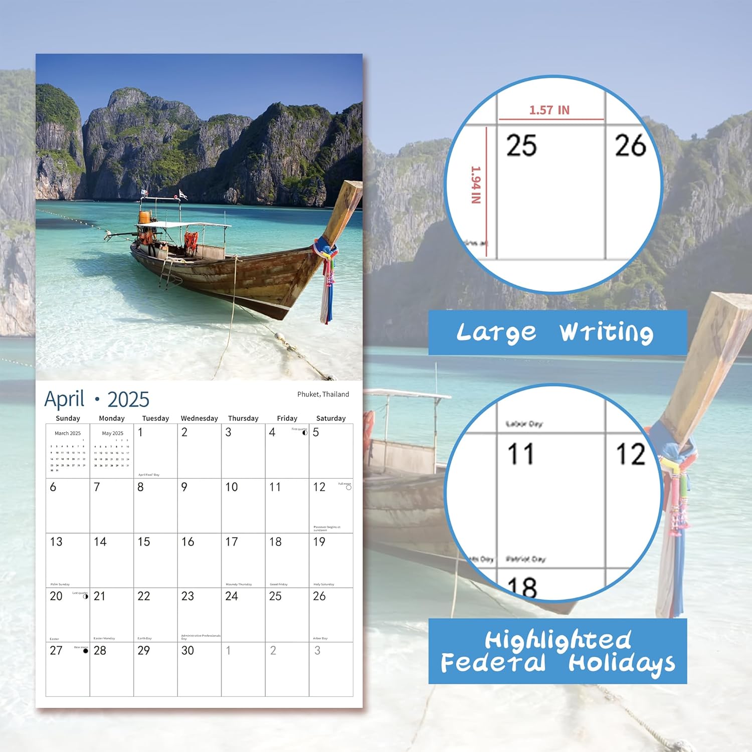 Calendario de pared 2024 2025, julio de 2024 a diciembre de 2025, calendario de pared de playas, 12 x 24 pulgadas abierto, página completa, papel