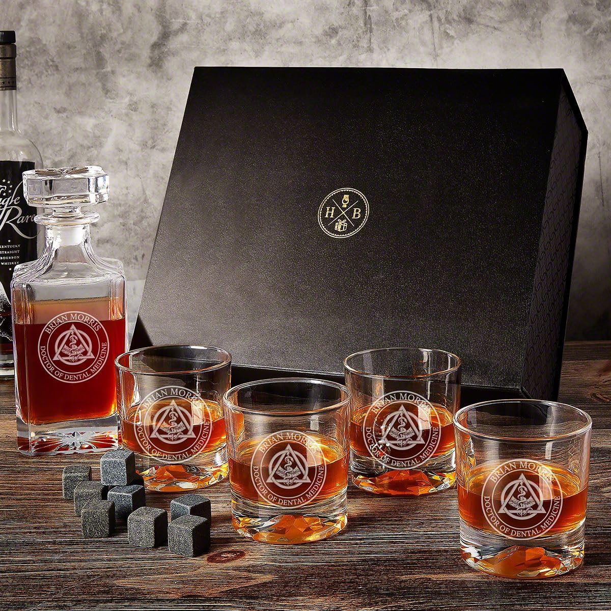 Regalos para dentistas grabados, decantador de whisky, juego de caja de lujo, 7 piezas de escudo dental
