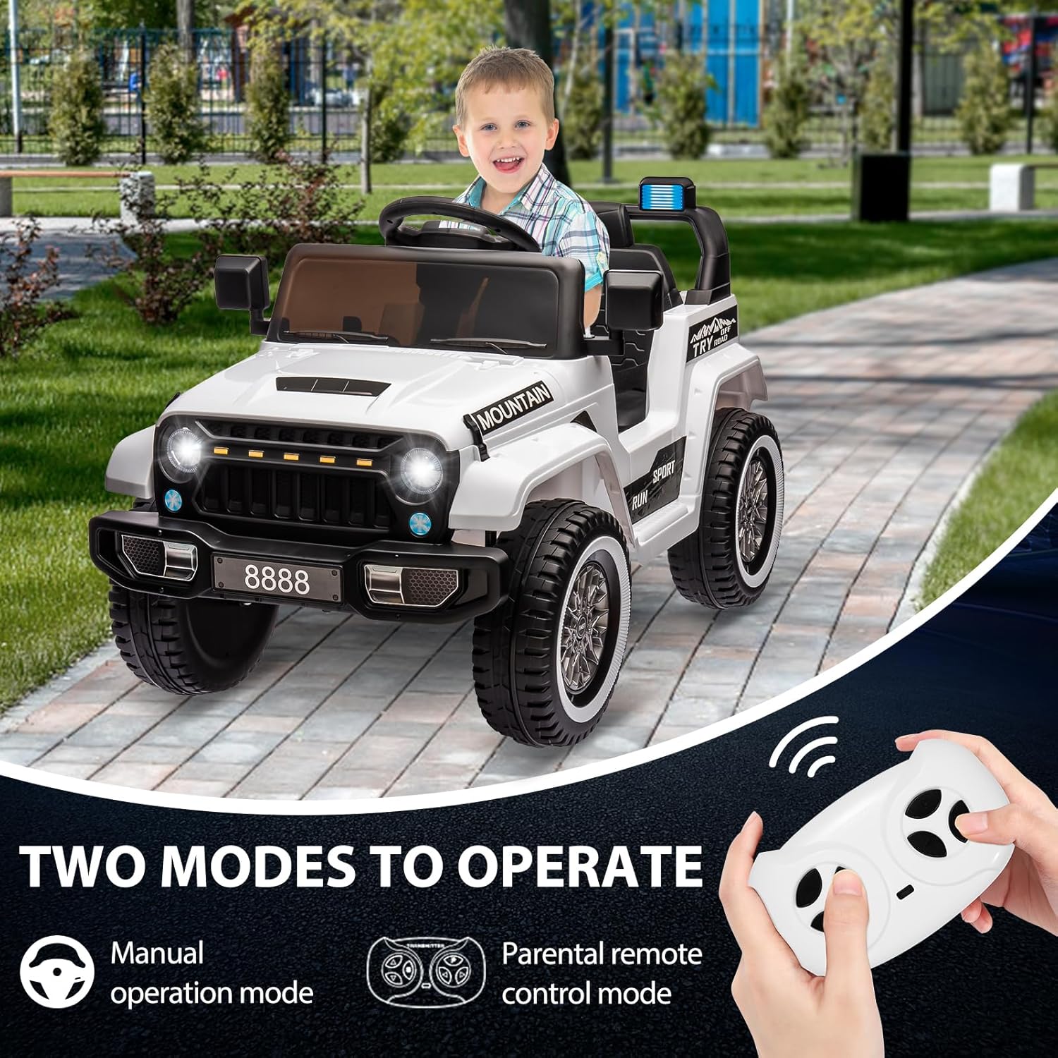 Auto eléctrico para niños, auto de 12 V con control remoto, suspensiones de resorte, auto de juguete con 3 velocidades, luces LED, música, MP3,