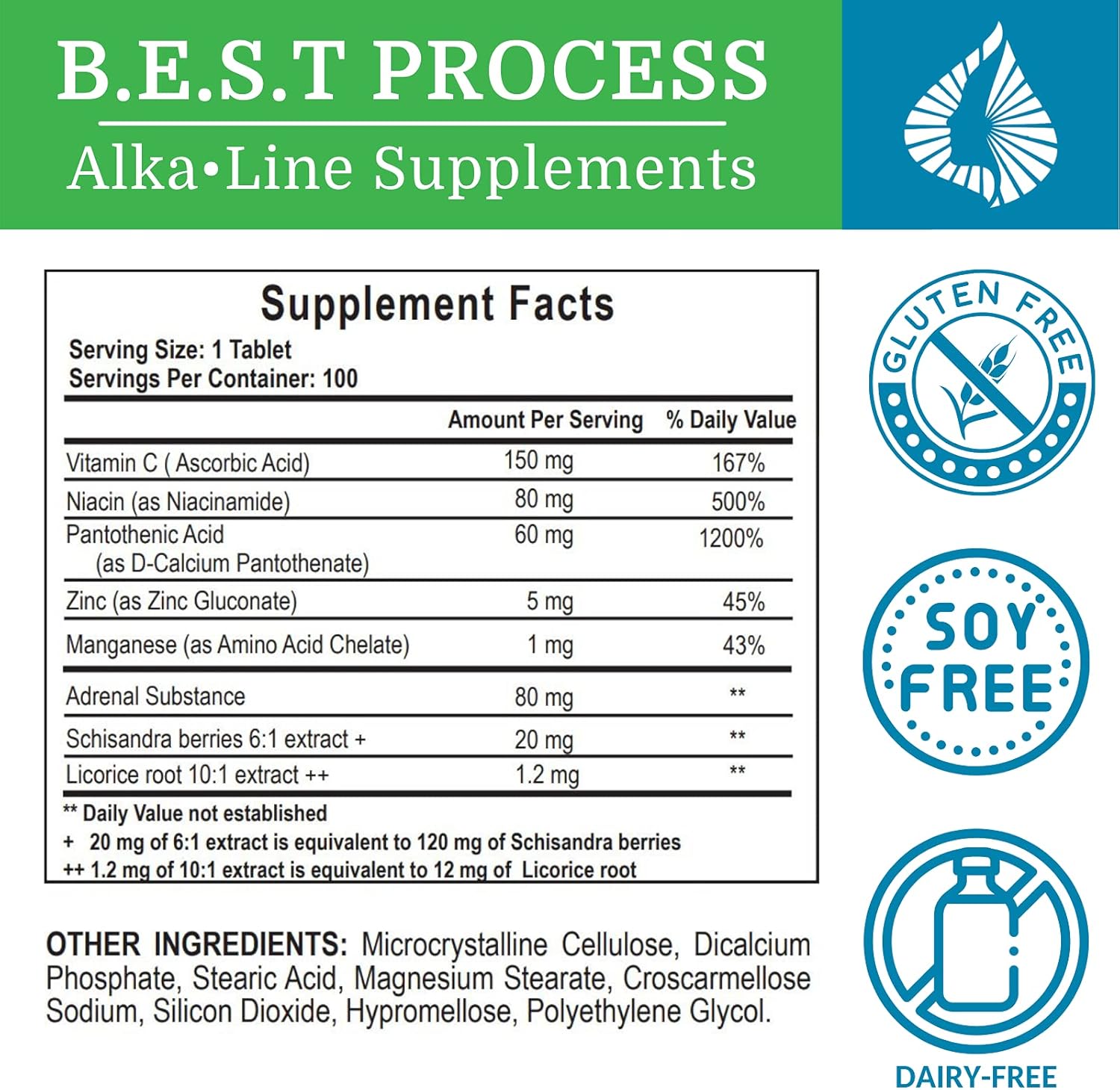 Adrenergy Best Process Alkaline  Apoyo suprarrenal natural con extracto de glándula suprarrenal, adaptógenos, vitaminas y minerales