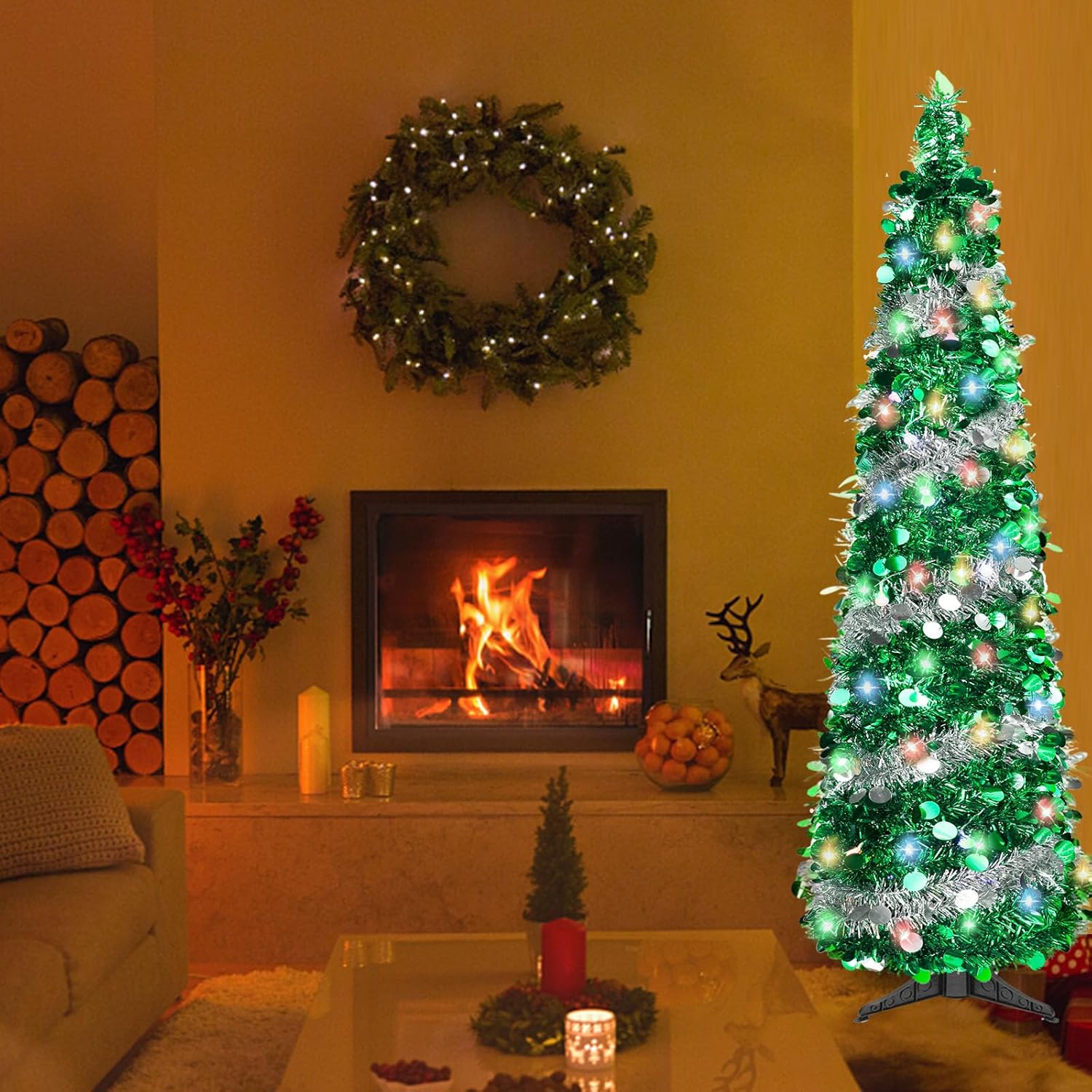 Árbol de Navidad desplegable de 5 pies con 8 modos, 90 decoraciones coloridas de Navidad, árbol de Navidad plegable para interiores y hogar,