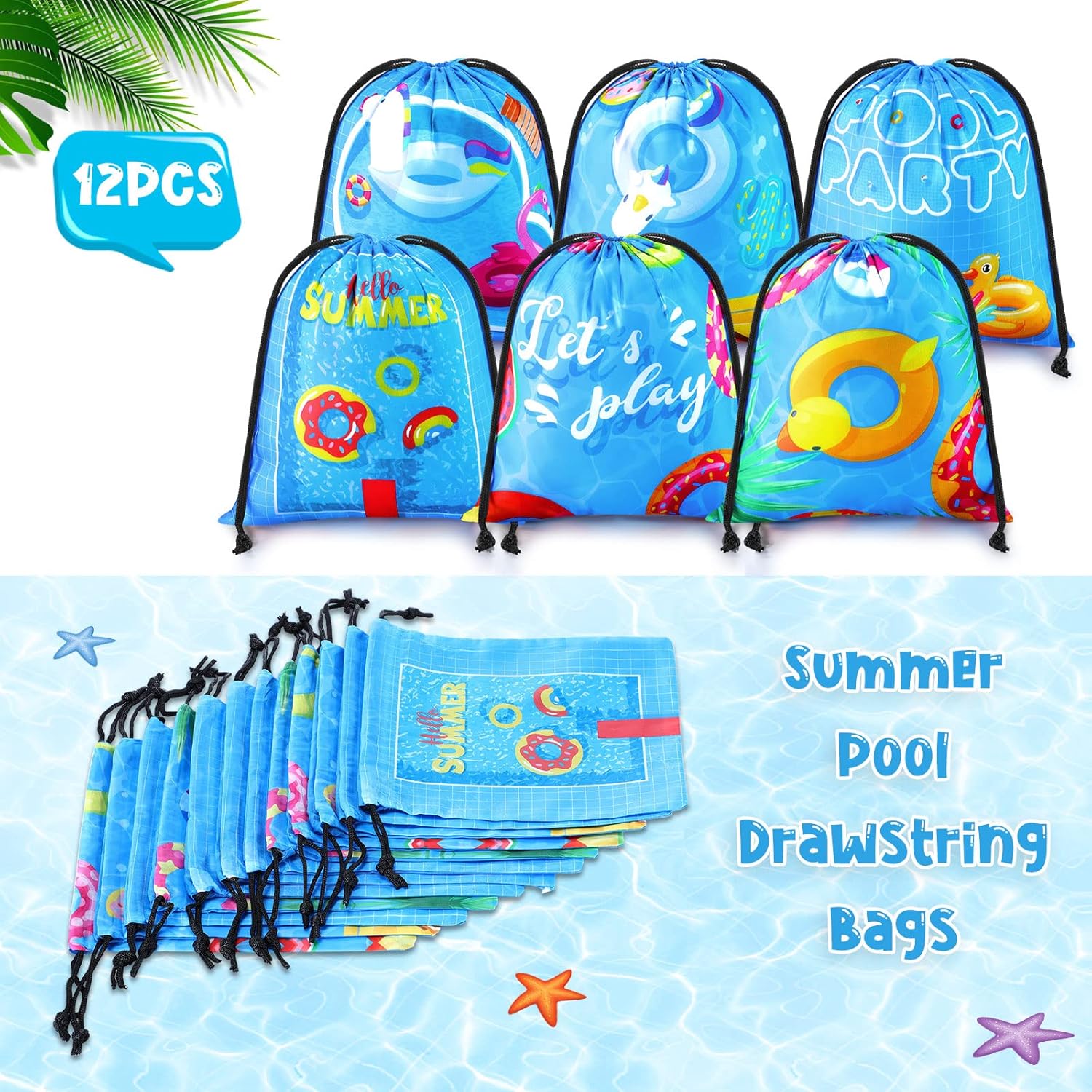 12 bolsas de fiesta de verano en la piscina, con cordón, bolsa de playa, bolsas de regalo, bolsas de regalo de tiburón de playa, suministros de