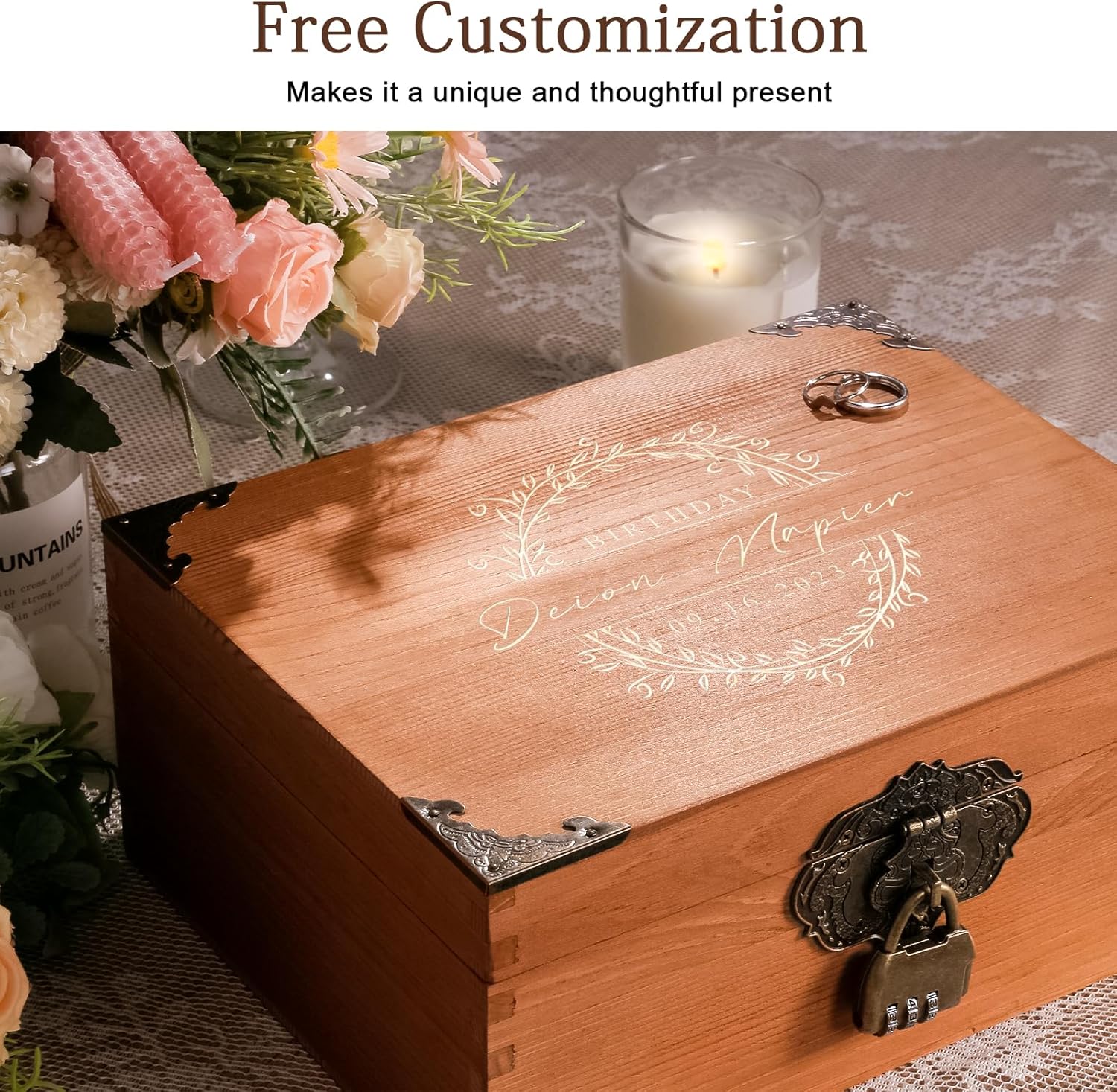 Caja de recuerdos de boda personalizada con cerradura, caja de memoria decorativa de madera, caja de almacenamiento de fotos, aniversario,